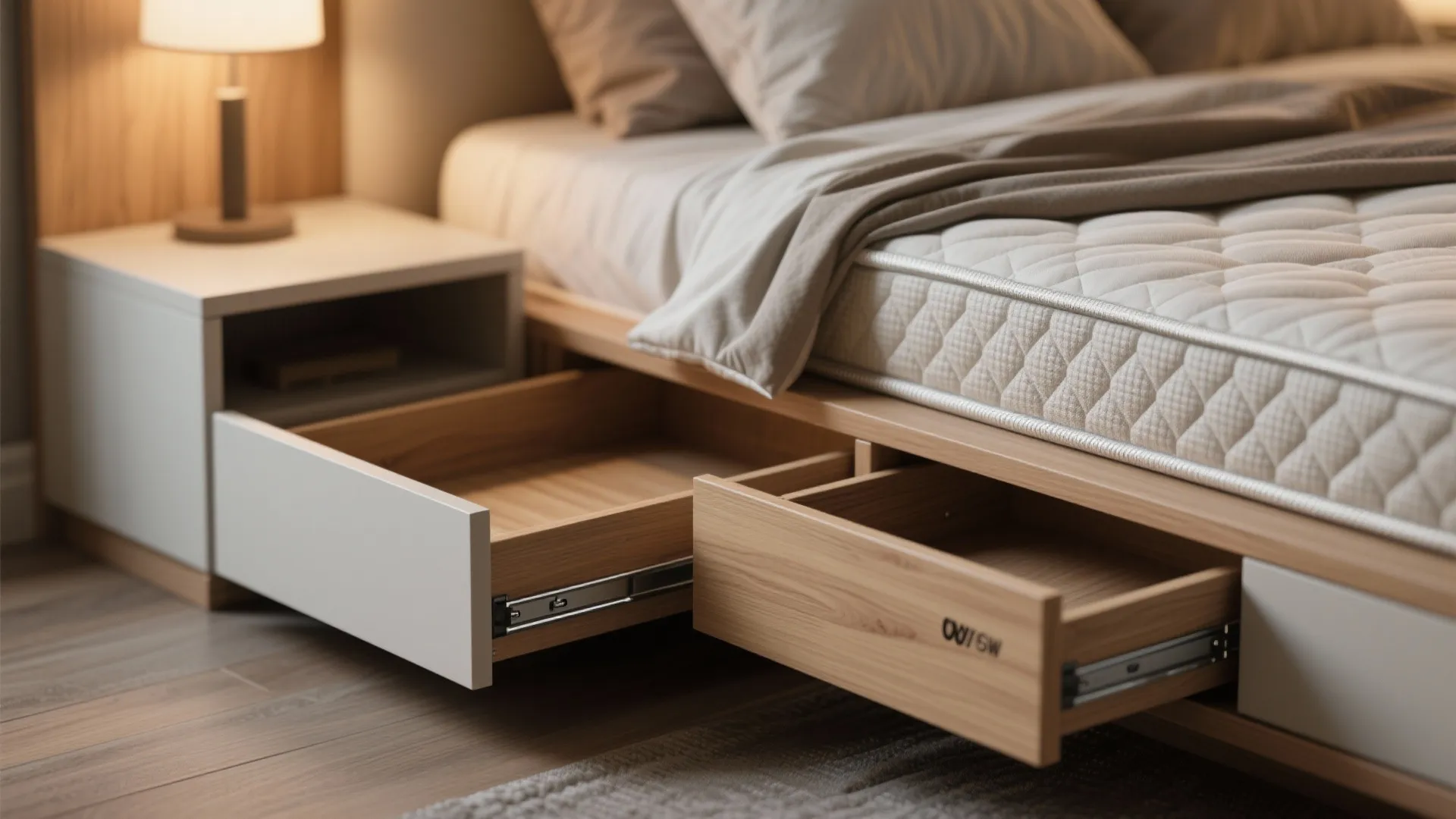 Close-up of a storage bed drawer, mattress topper edge and quality runners