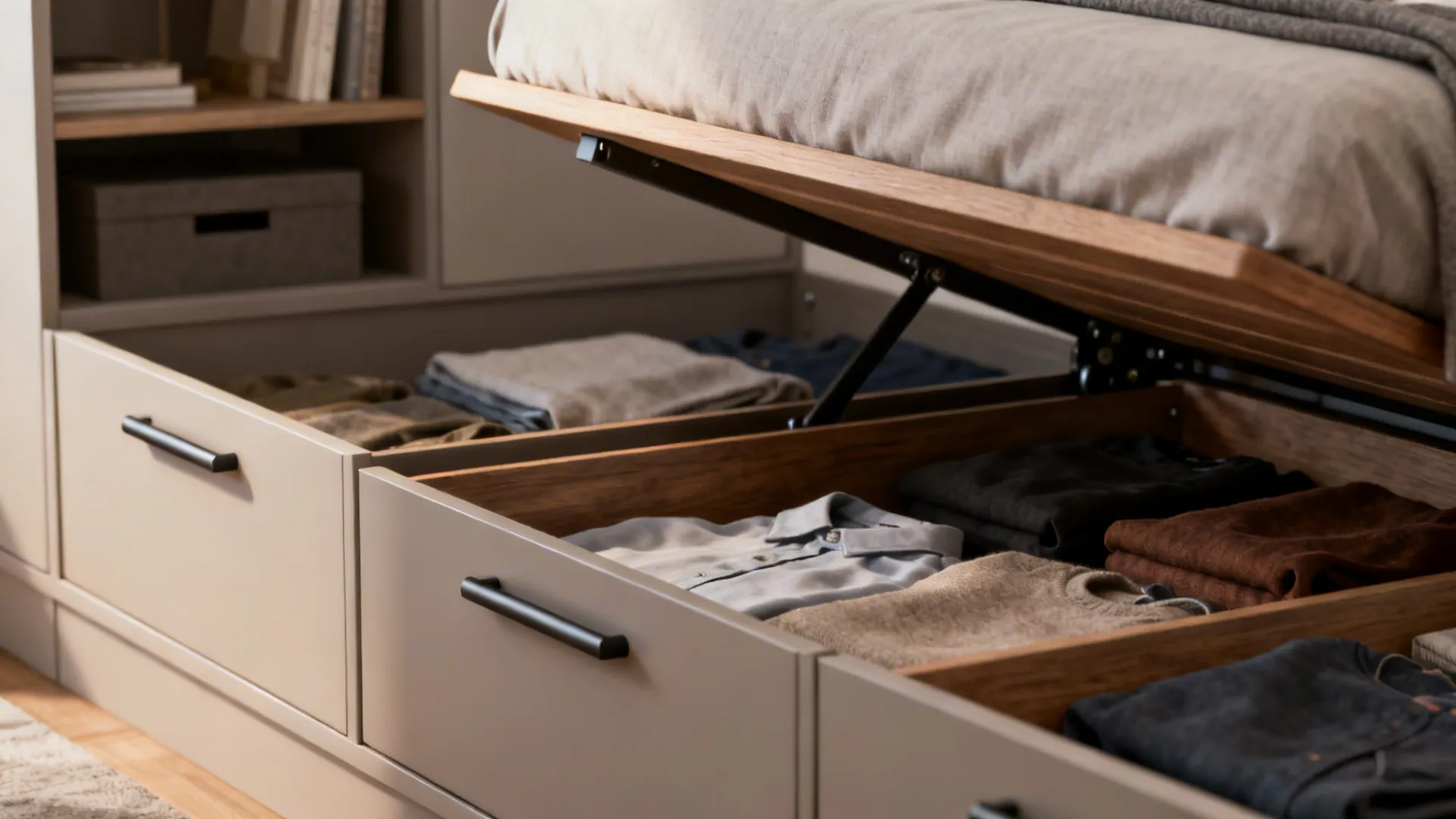 Modern storage bed with lifted mattress showing wooden drawers filled with folded clothes in bedroom