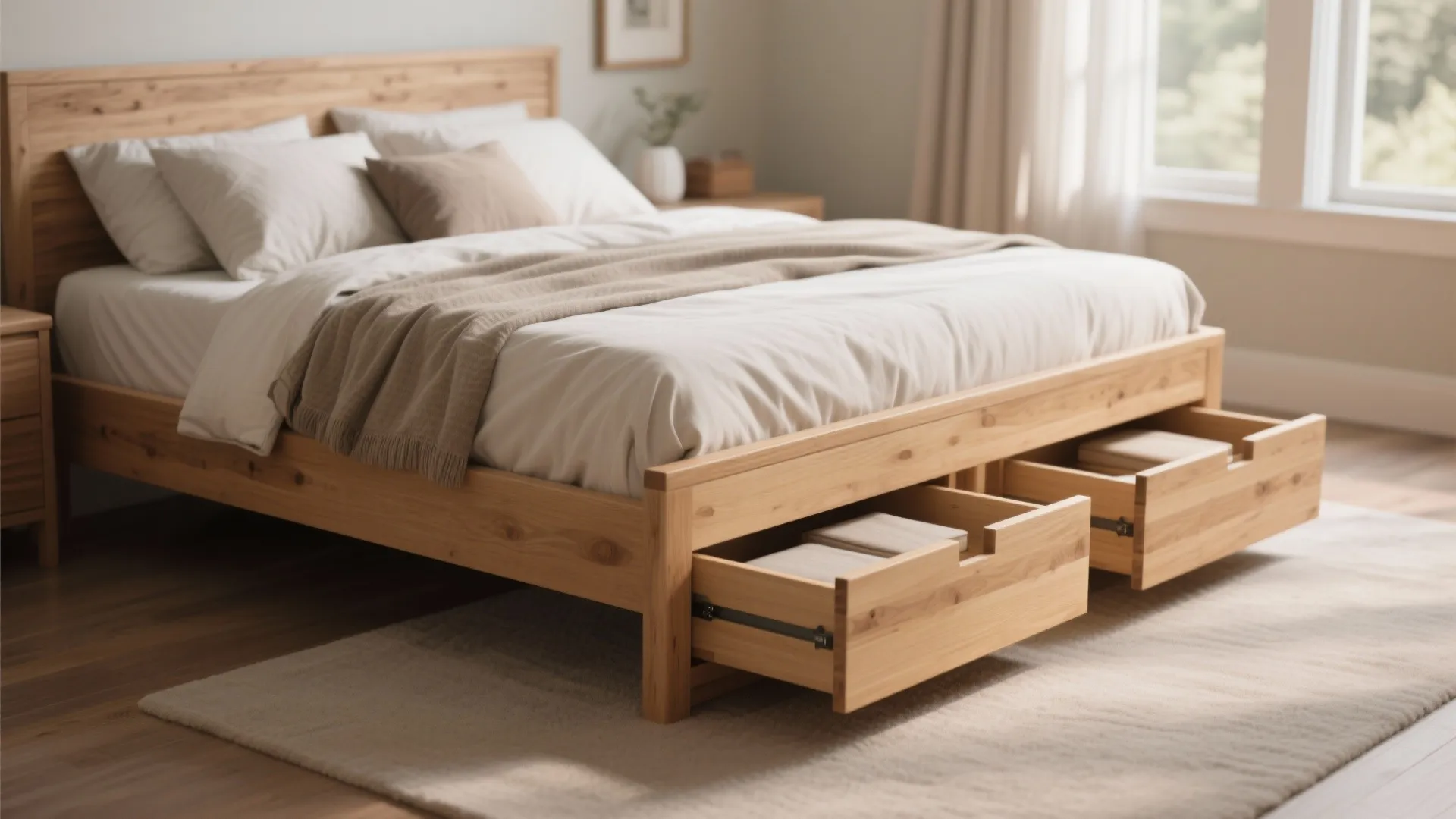 Wooden bed frame with two open storage drawers showing folded clothes inside on a rug
