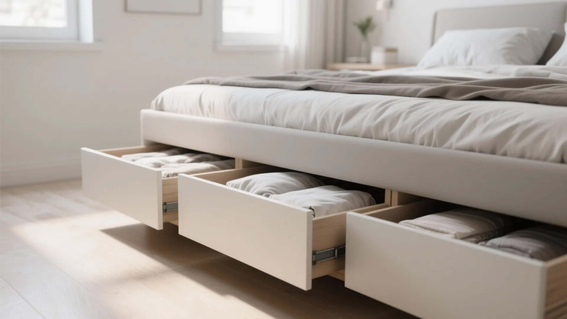 Modern white storage bed with three open wooden drawers showing neatly folded clothes and white bedding