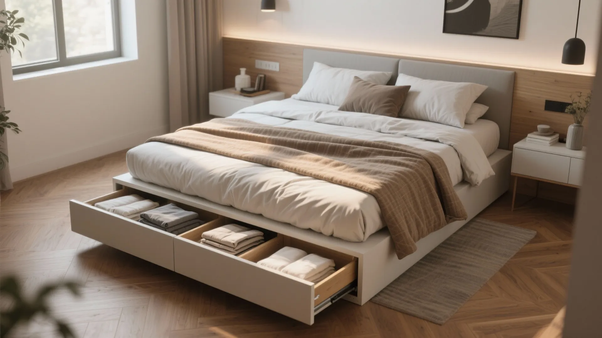 Modern white storage bed with open drawers showing folded clothes inside a bright wooden bedroom