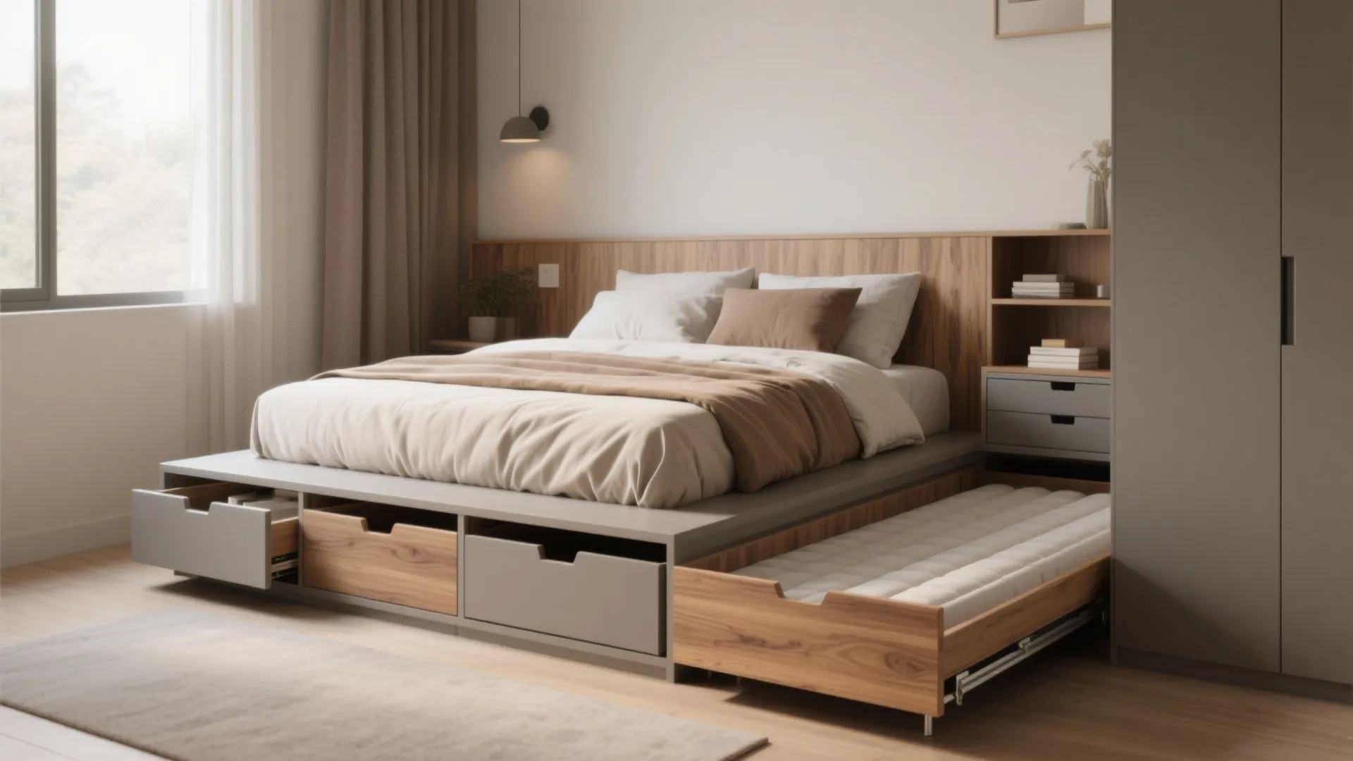 1. Multi-functional bed sets: storage bases and pull-out options
