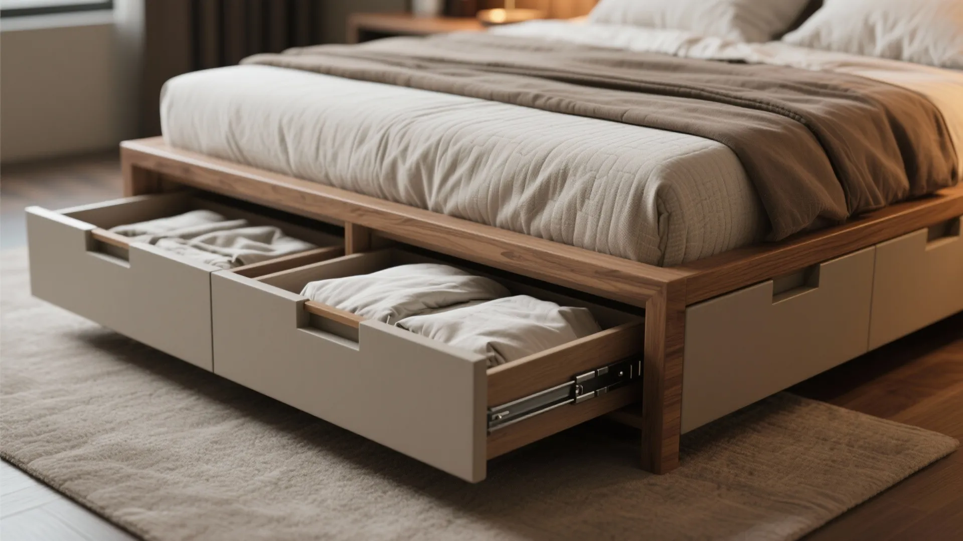 Close-up of platform bed with integrated under-bed drawers holding bedding.