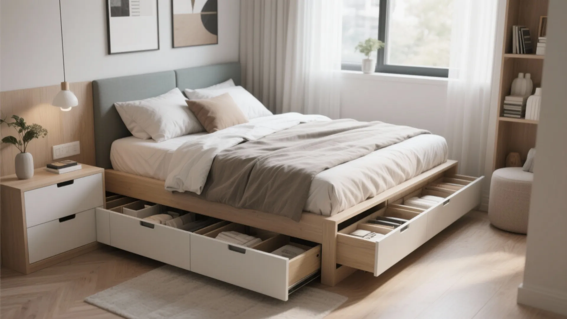 Multipurpose storage bed in small bedroom
