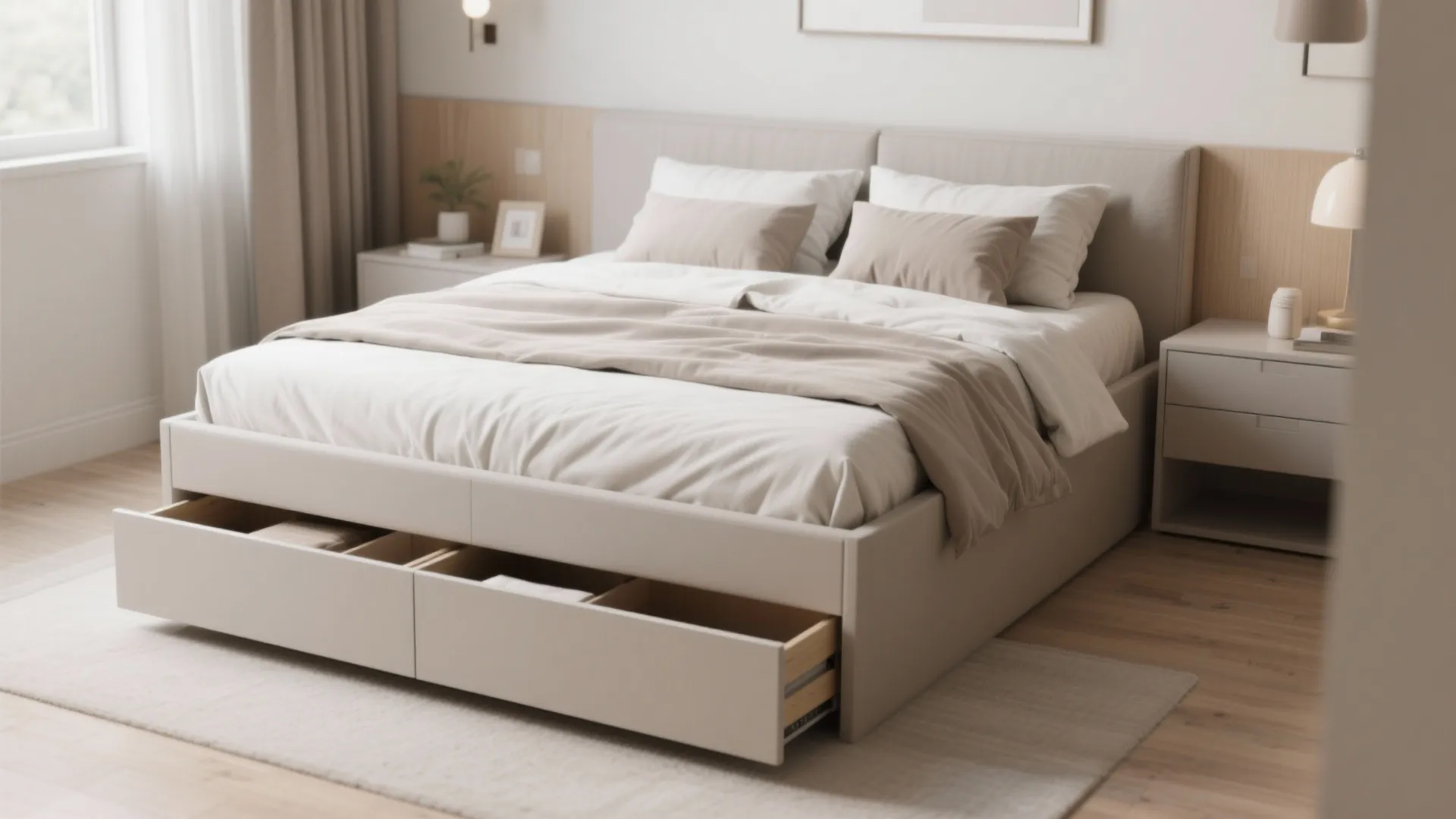 Bed frame with storage drawers in a compact bedroom