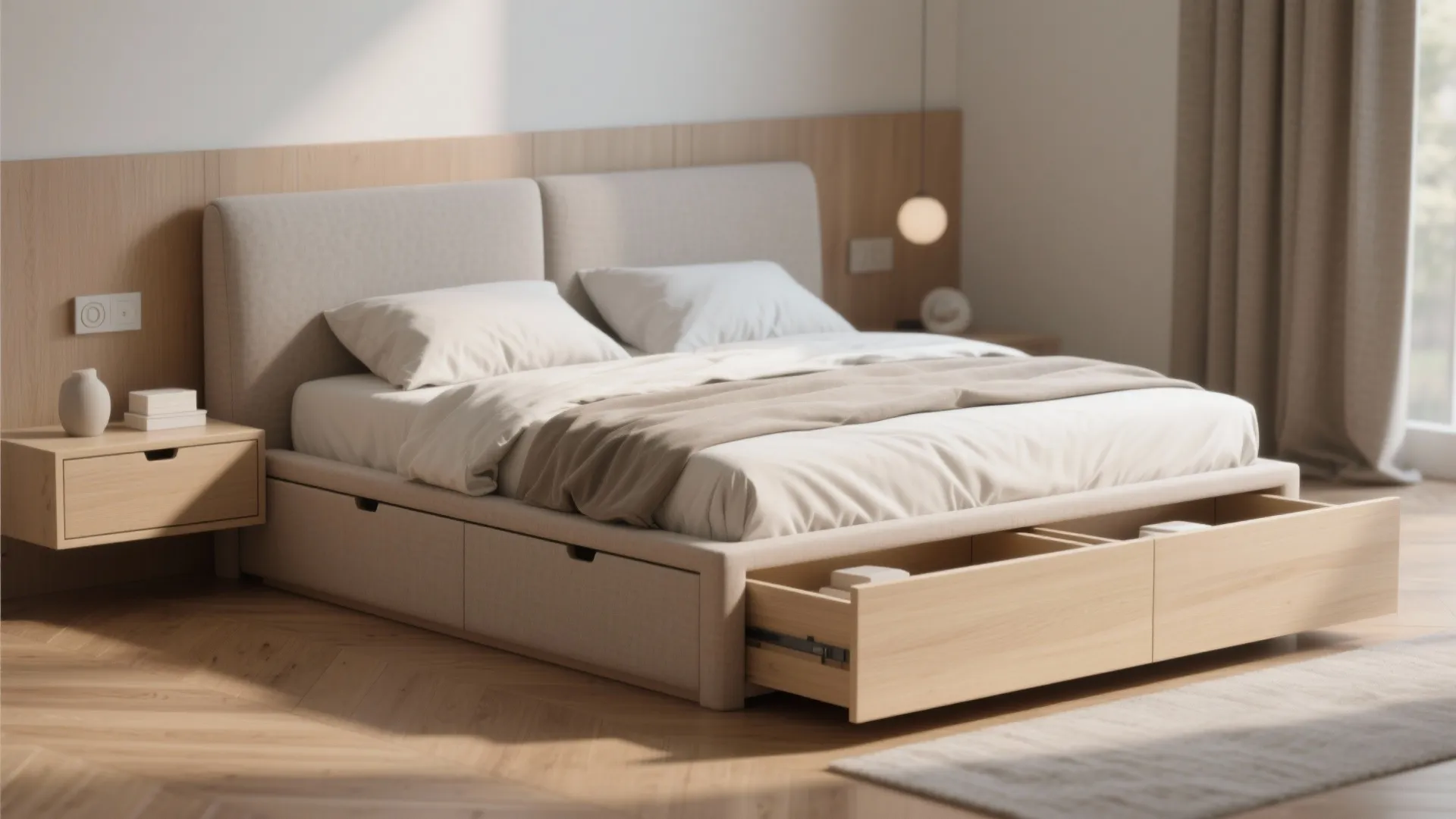 Close-up view of storage bed drawers in a small bedroom.