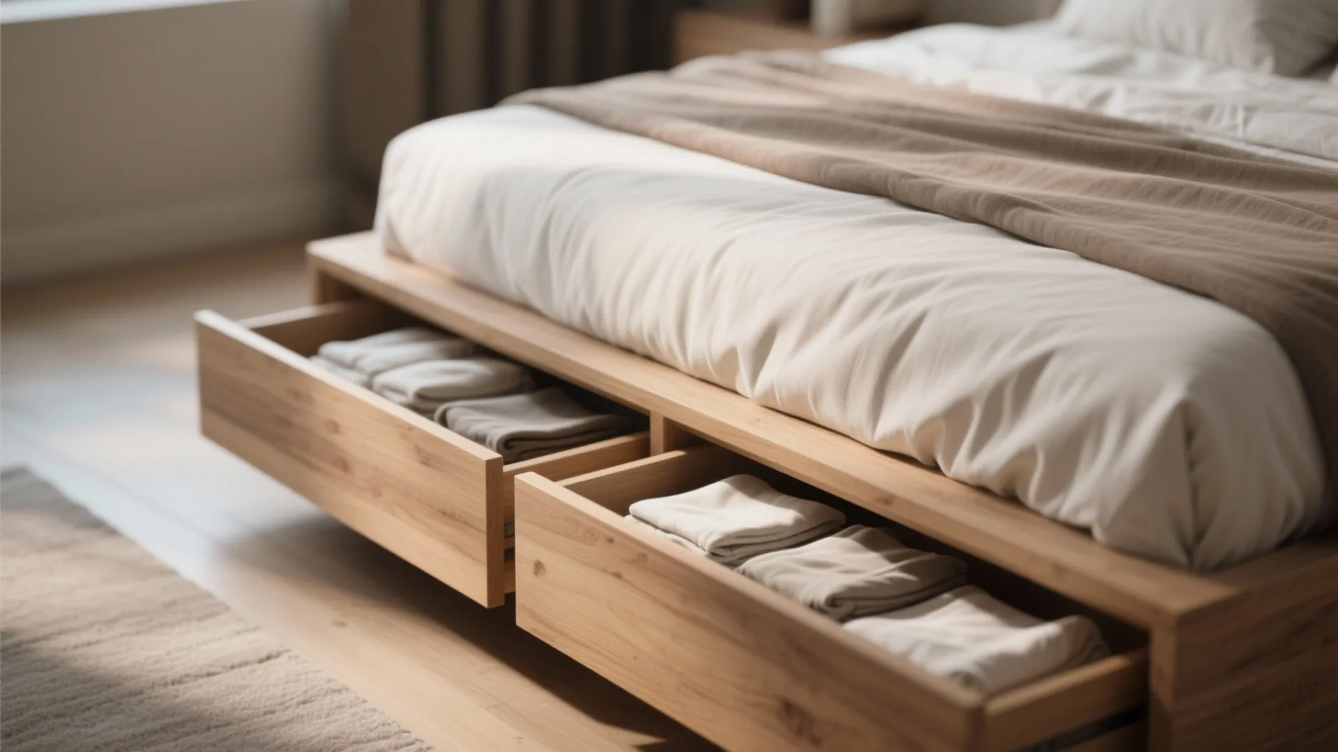 Bed frame with built-in drawers used for storage