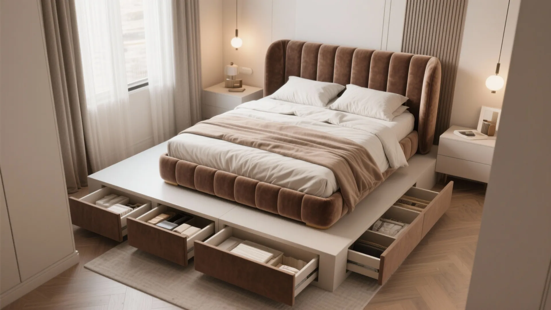3. Pocket-Sized Glam: Upholstered Bed + Built-In Storage