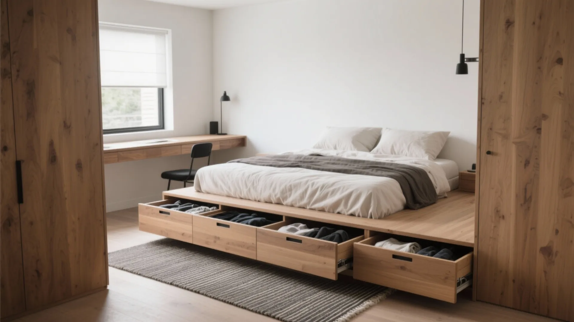 Wooden bed frame with storage drawers pulled out showing clothes inside a modern bright bedroom