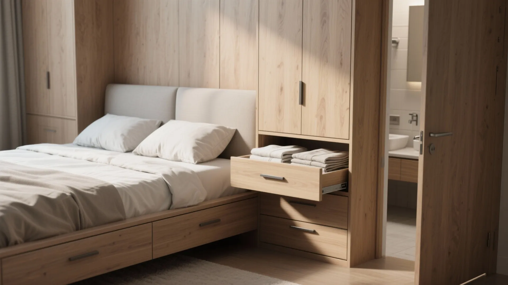 1. Built-in storage bed with hidden bath access