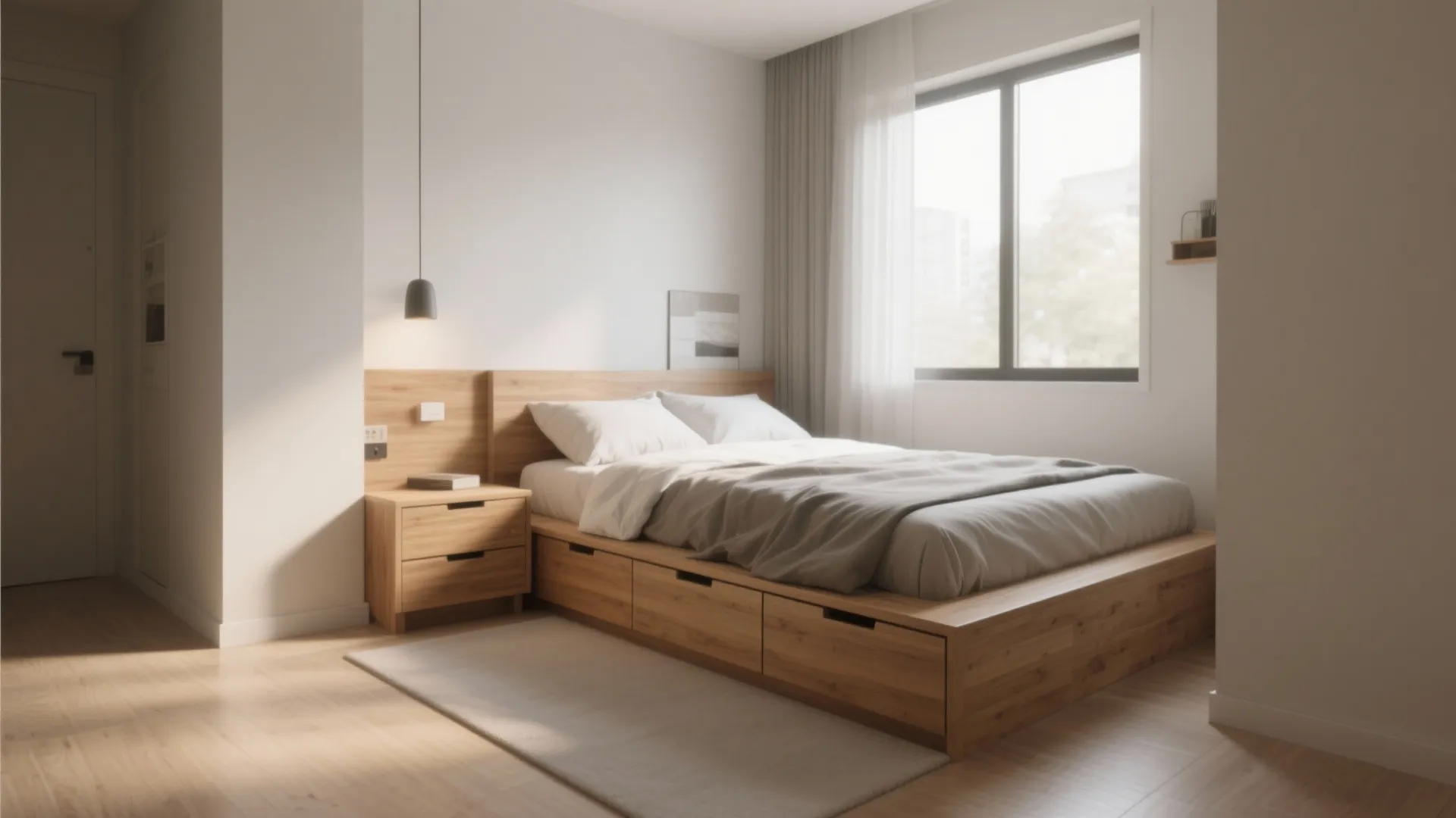 Small bedroom with wooden bed frame including storage drawers and matching nightstand near a large window