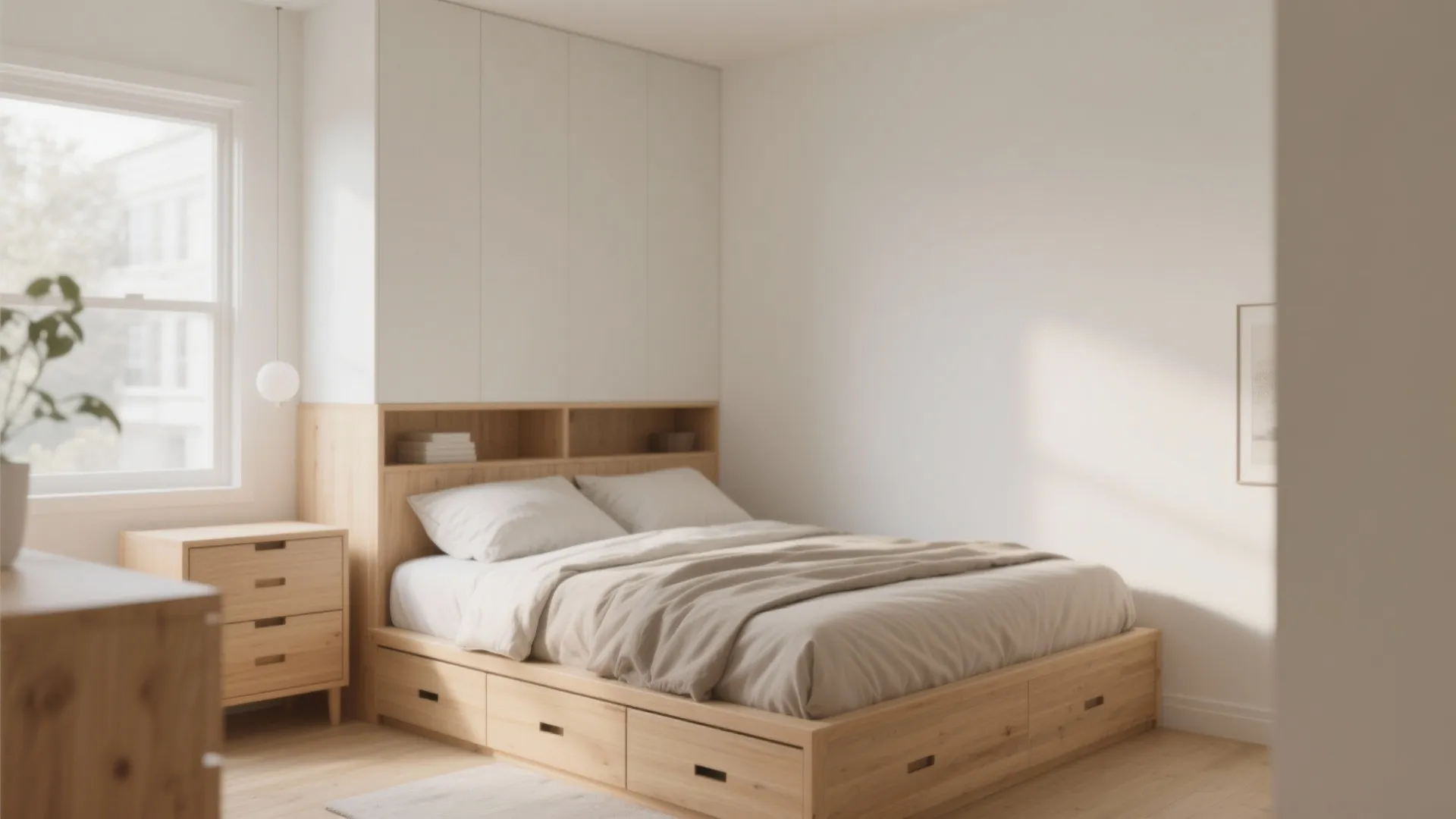 Light wood bed frame with built-in storage drawers and matching white cabinet in small bedroom
