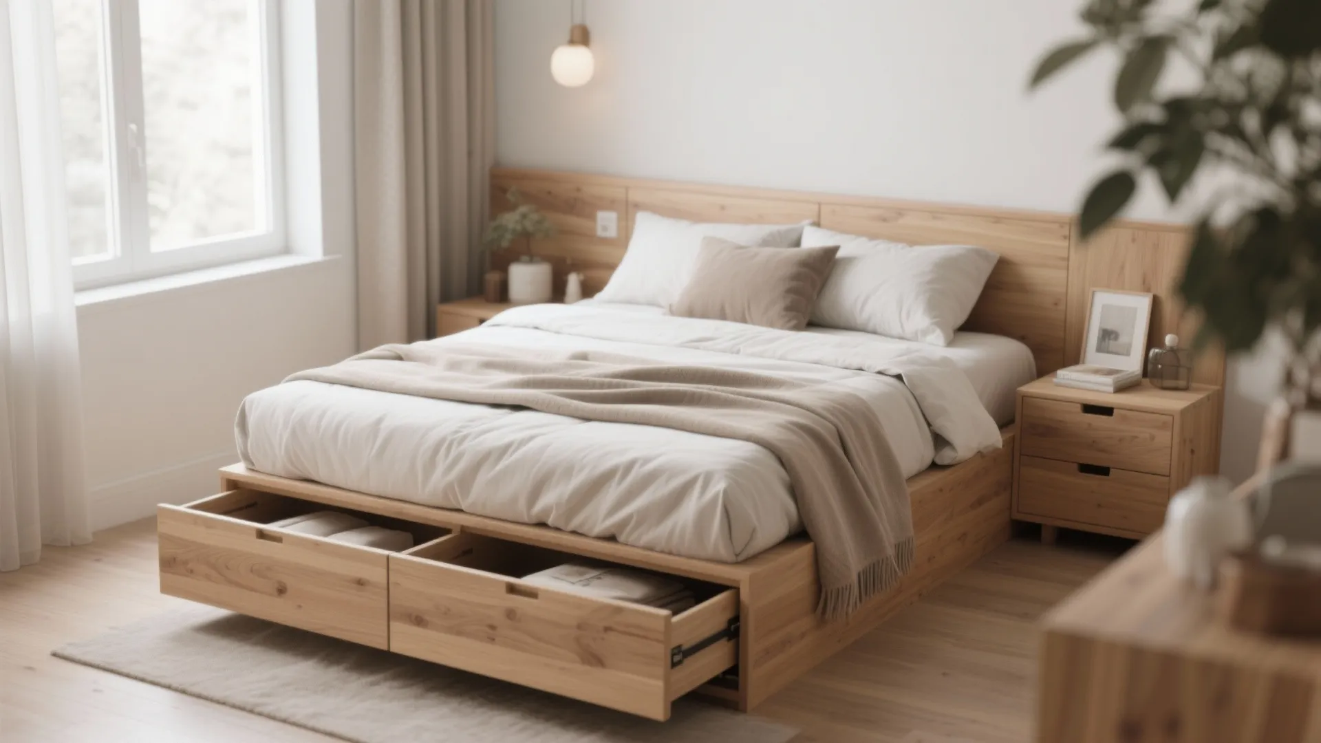 Modern wooden storage bed with open drawers and white bedding in a bright cozy bedroom