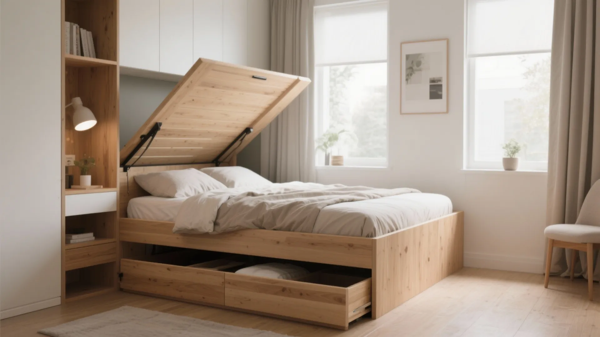 Small bedroom with a lift-up storage bed and minimal decor