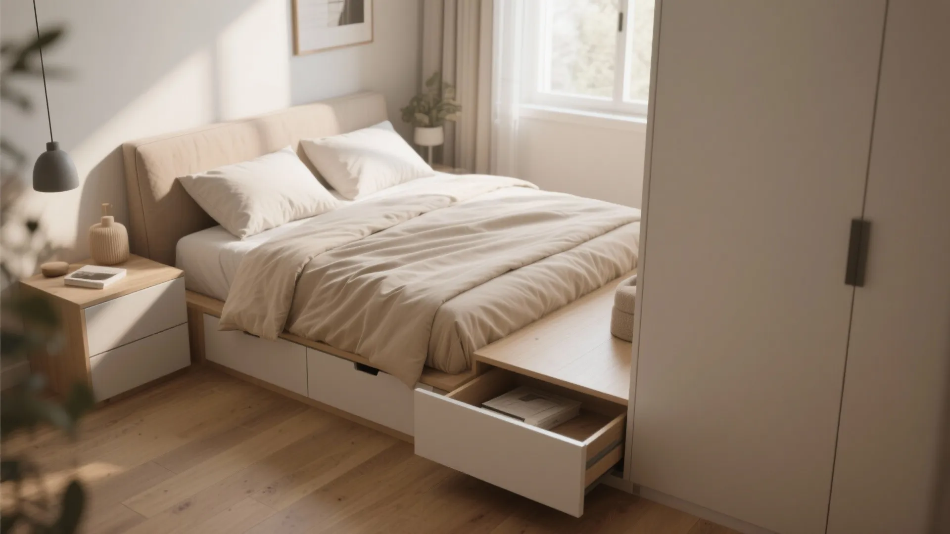 Bedroom with white storage bed showing open drawers wooden floor tall cabinet and natural light