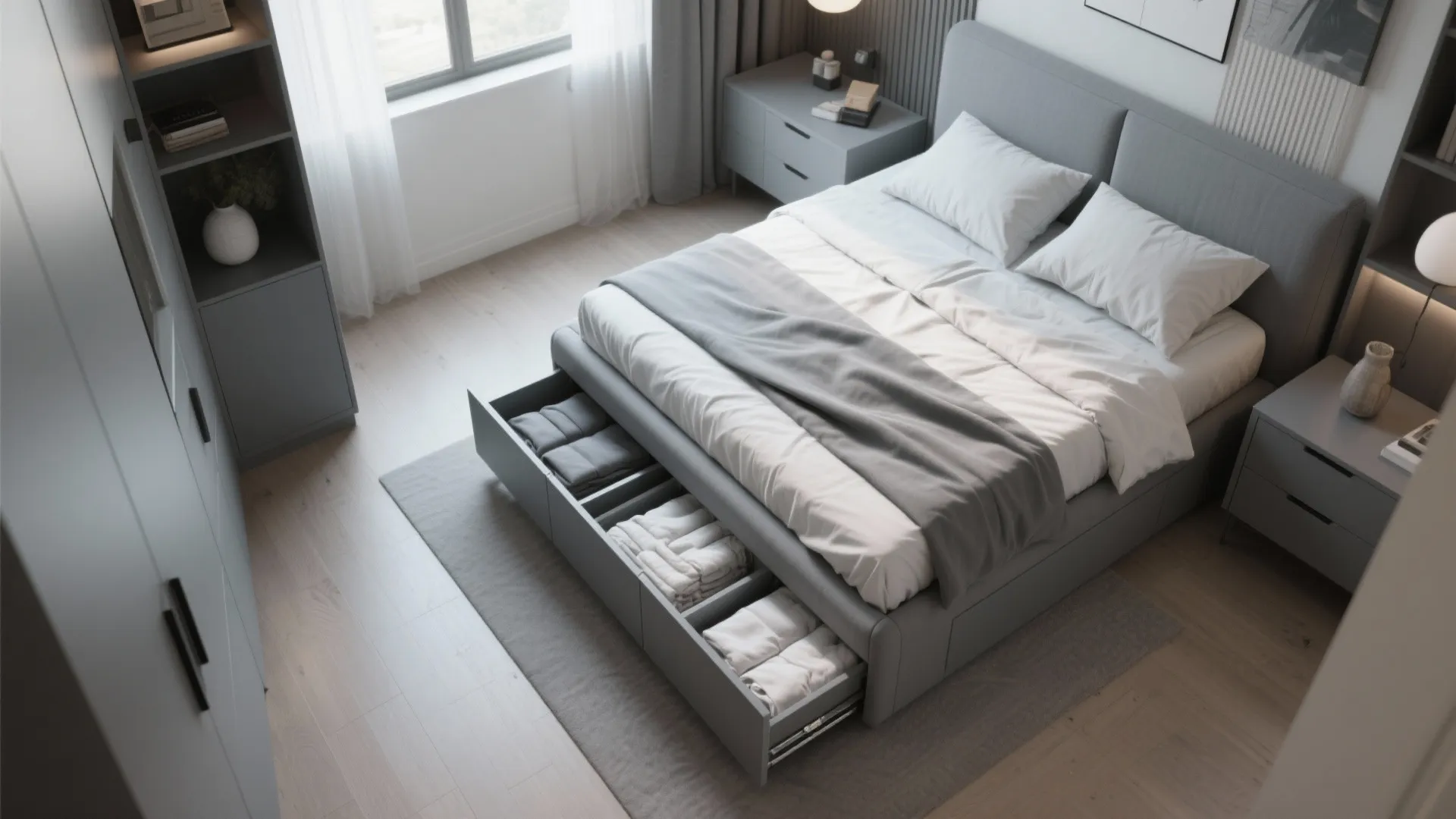 Grey storage bed with drawers pulled out showing neatly folded clothes in modern bright bedroom