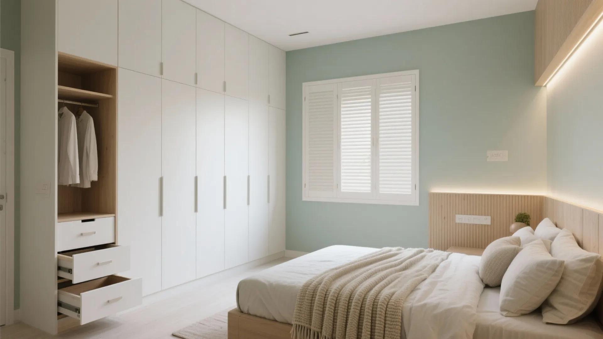 Storage-first bedrooms with calm palettes
