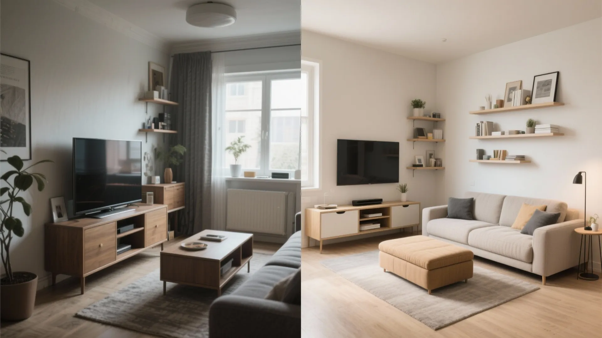 Before and after comparison of living room storage showing organized wall shelves and floor space