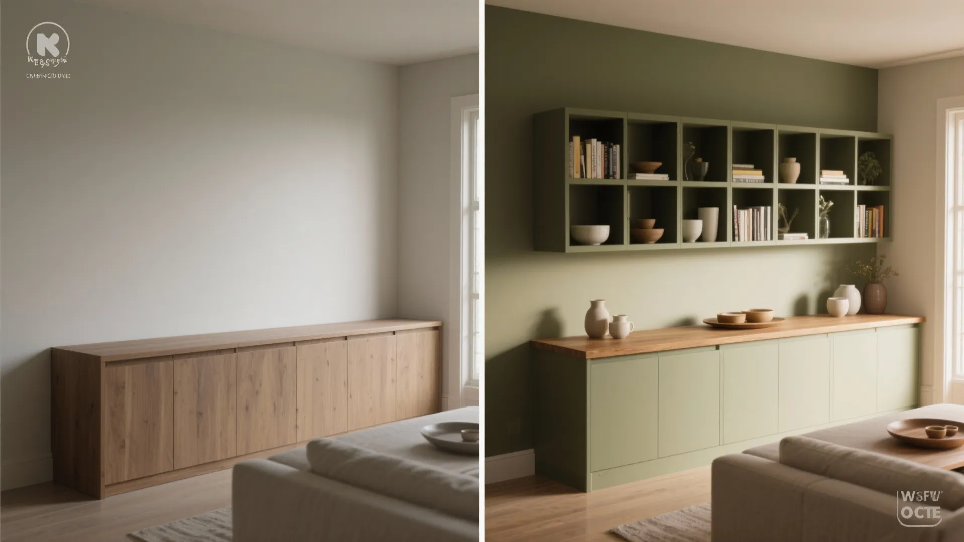 Before-and-after comparison of a wooden base cabinet versus an organized green wall unit with shelving