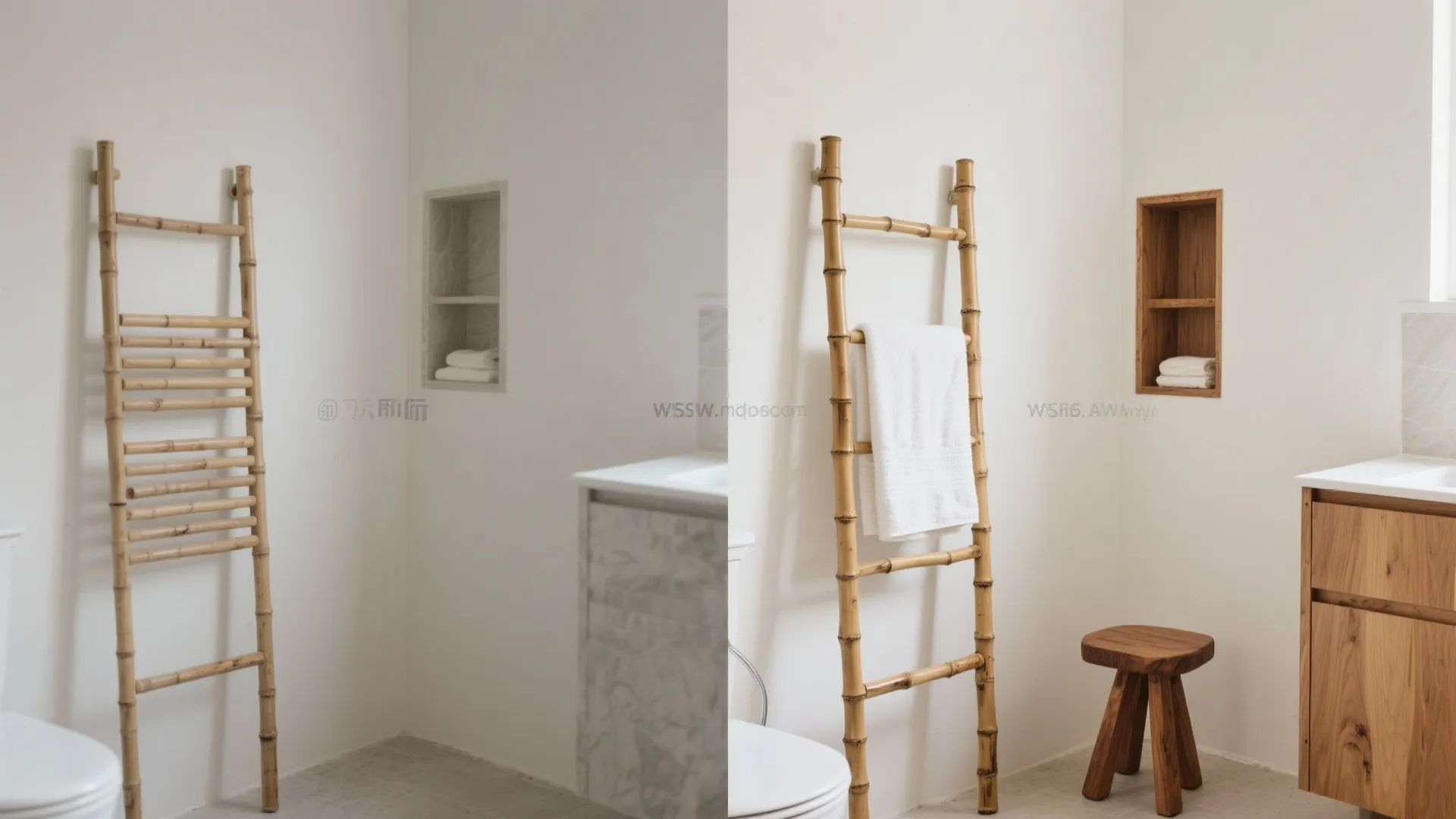 Before and after of a small bath corner transformed with a ladder, stool, and wood niche.