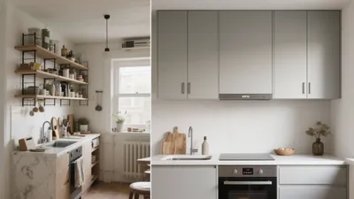 Modern Kitchen Design with Open Shelving and Gray Cabinets