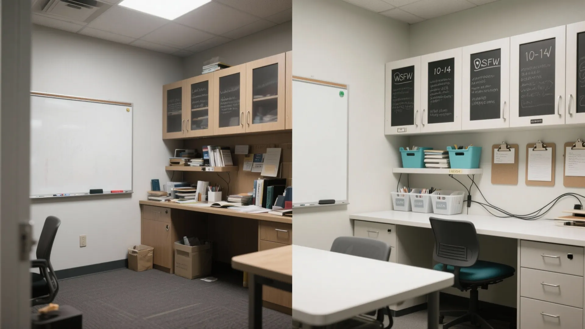 Before and after comparison of a messy office desk and organized workspace with white cabinets