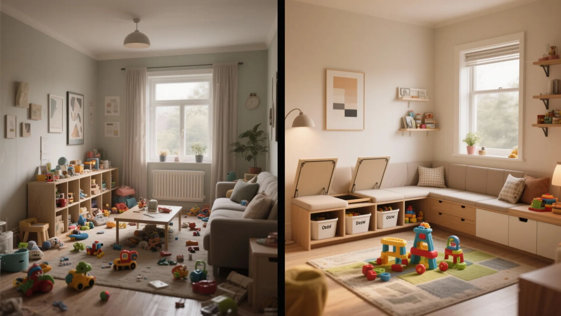 Before and after comparison showing a messy living room versus an organized space with cabinets