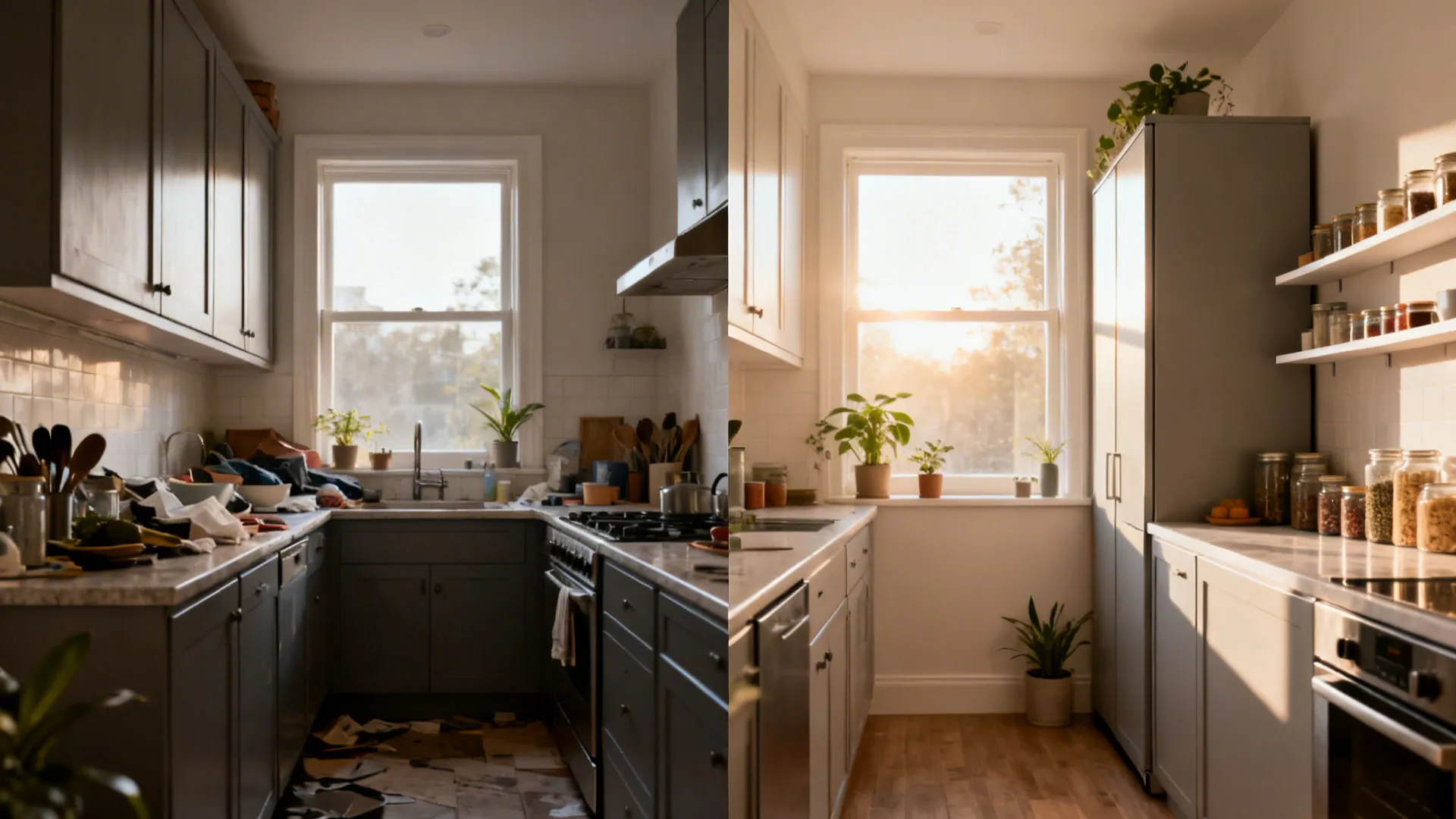 Before and after: heavy cabinets blocking east light replaced by open shelves and a relocated tall pantry.