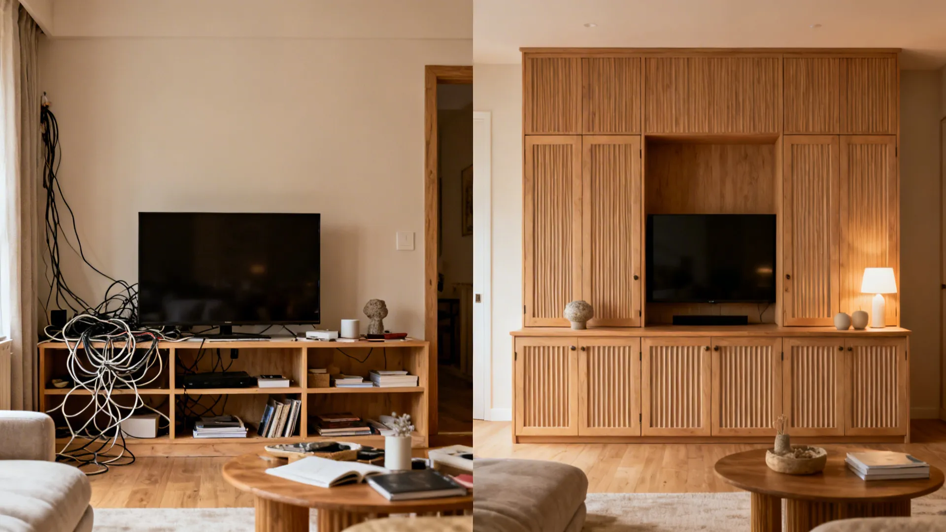 Before-and-after: from exposed TV clutter to fluted-door built-in calm.