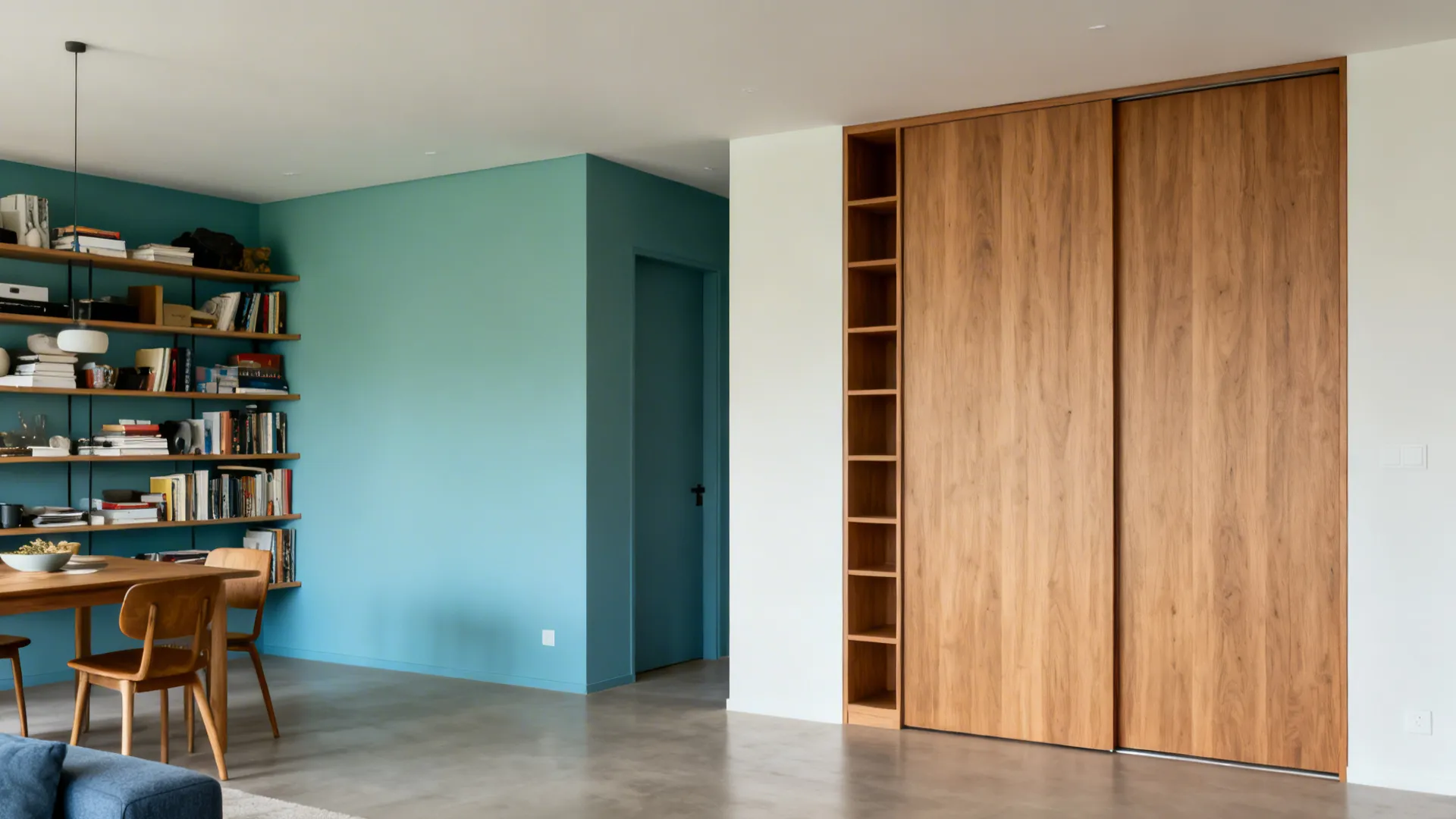 Before-and-after comparison showing open shelves replaced by slim sliding-door storage in an L-shaped room.