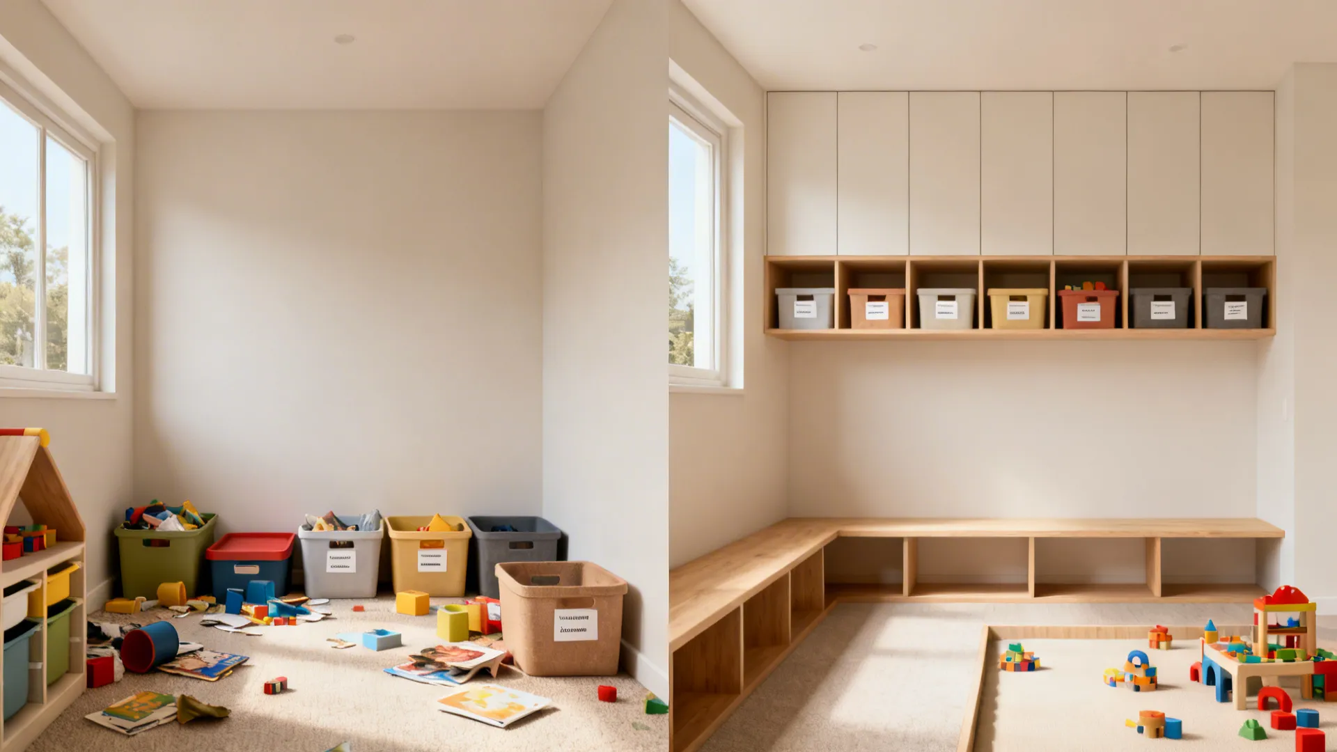 Side-by-side view of a kids room wall before cluttered and after with elevated cabinets and bench.
