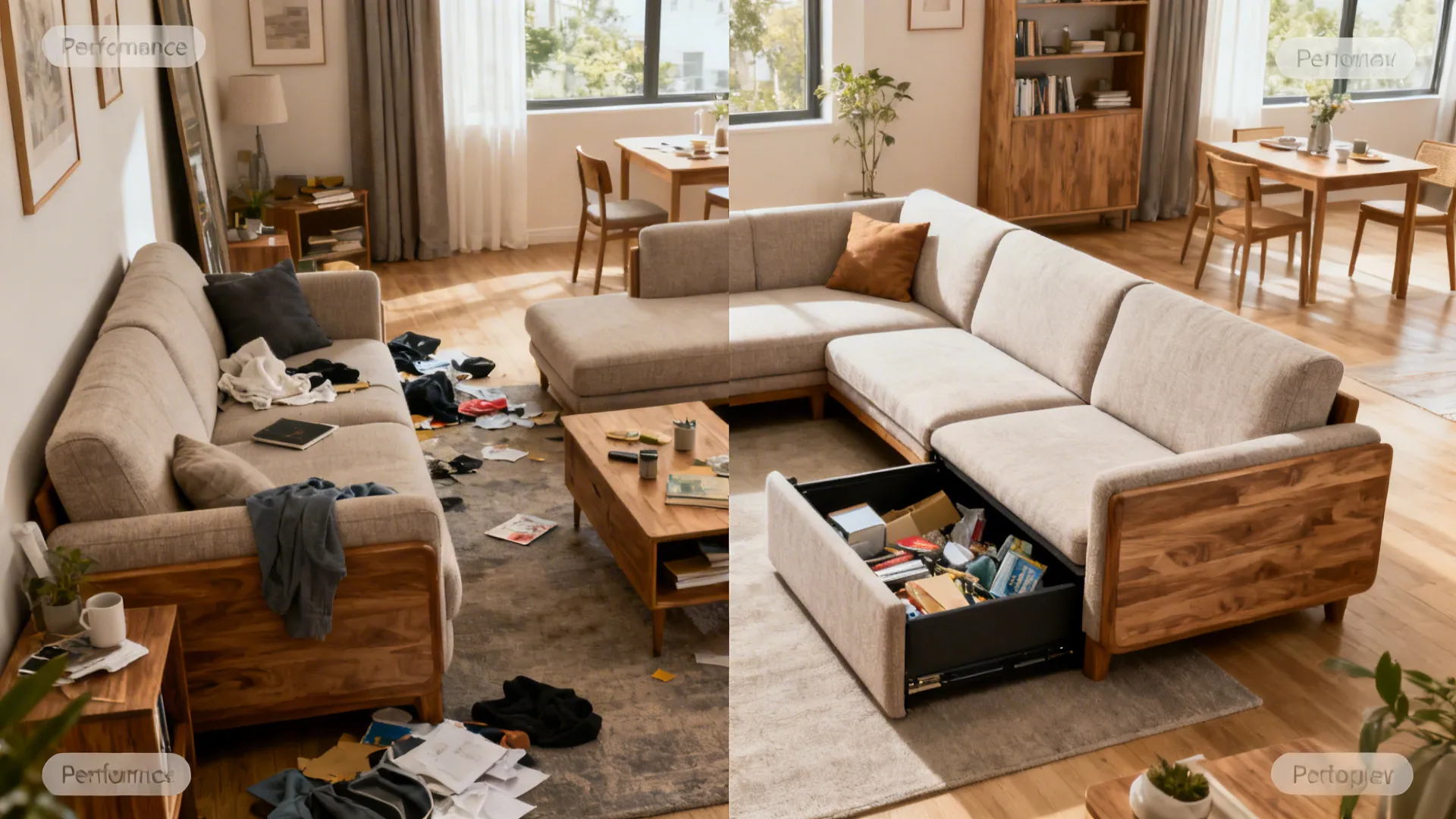 Before-and-after view showing a cluttered room transformed by an L-shaped sofa with a storage chaise.