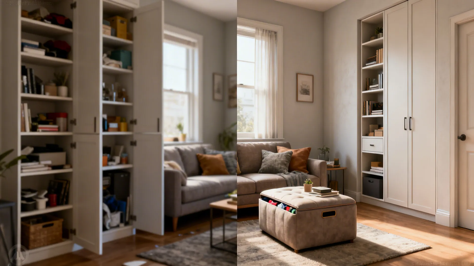Before-and-after of a small living room shifting from cluttered to organized hidden storage.