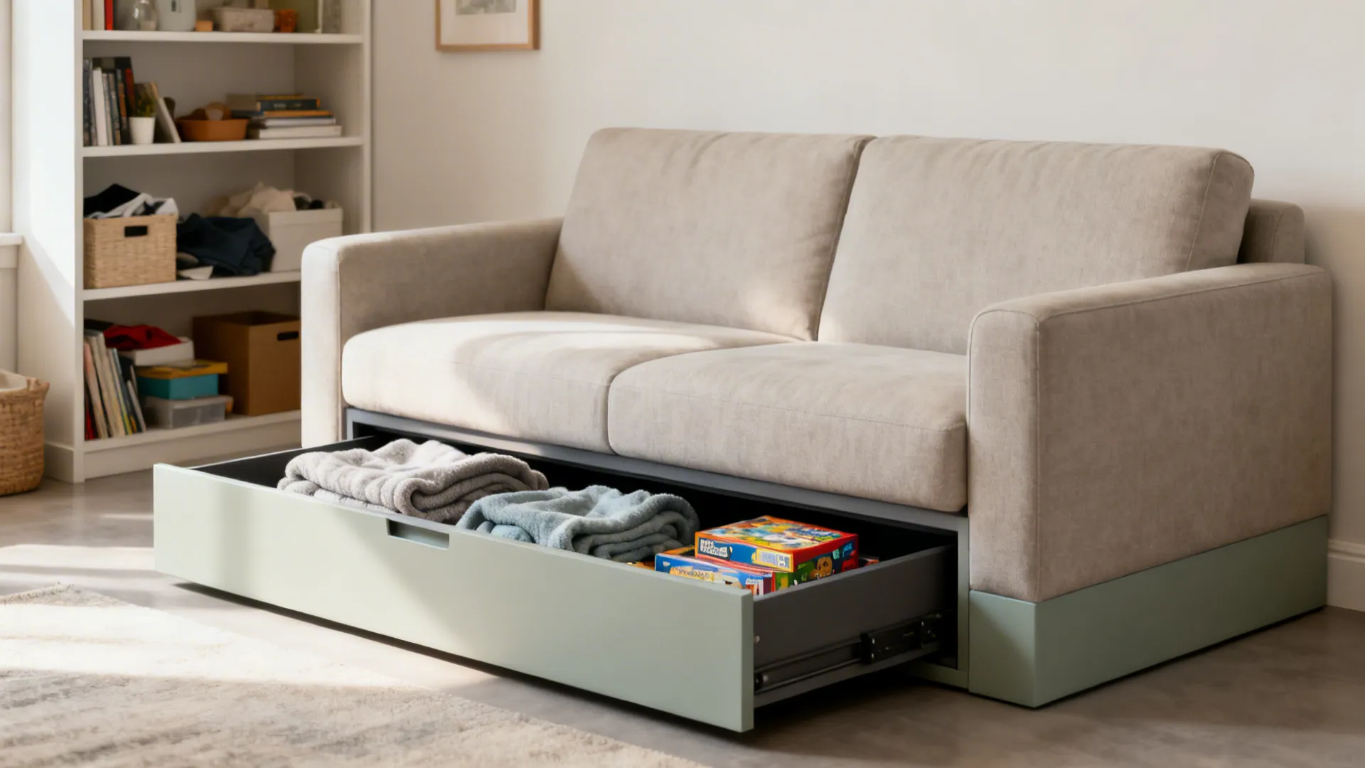 Before-and-after of a small living room showing clutter versus a calm space with a storage sofa.