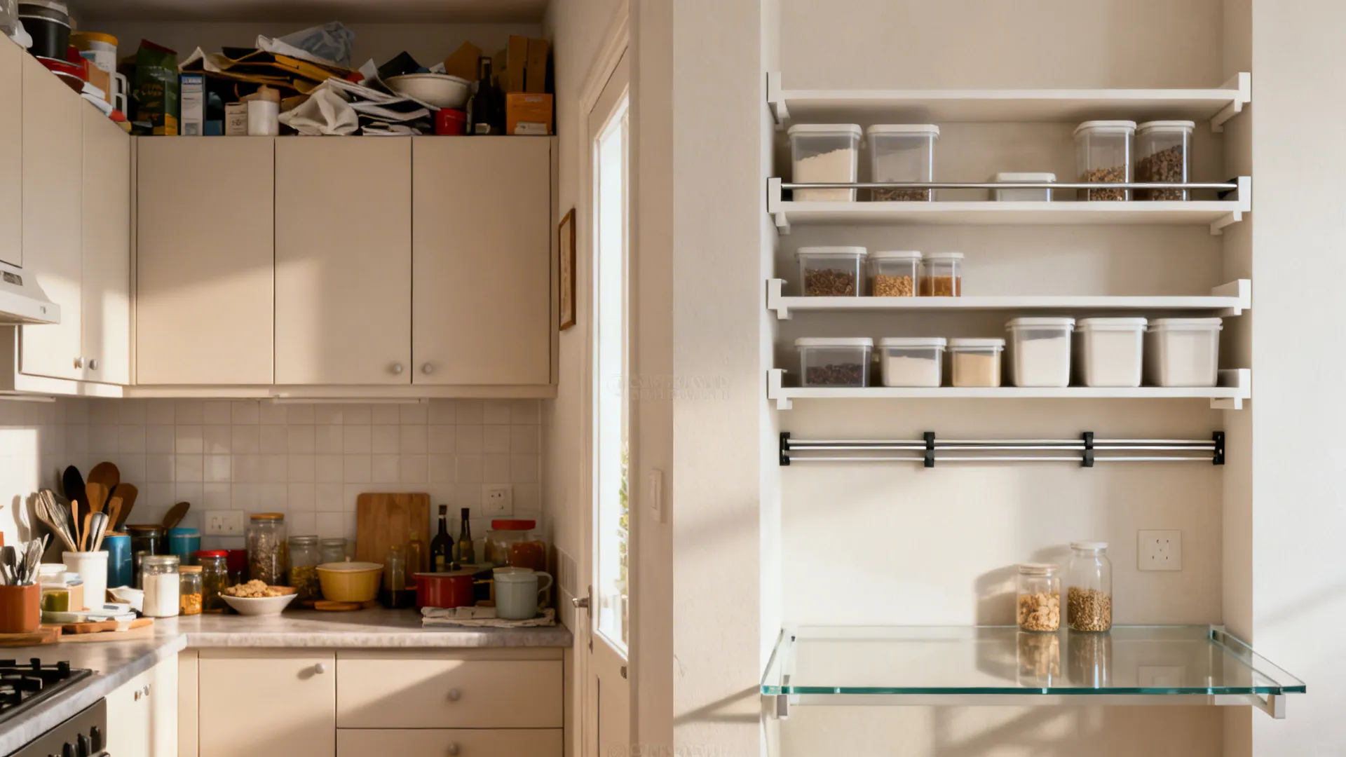Before and after comparison of a messy kitchen counter versus organized white wall storage shelves