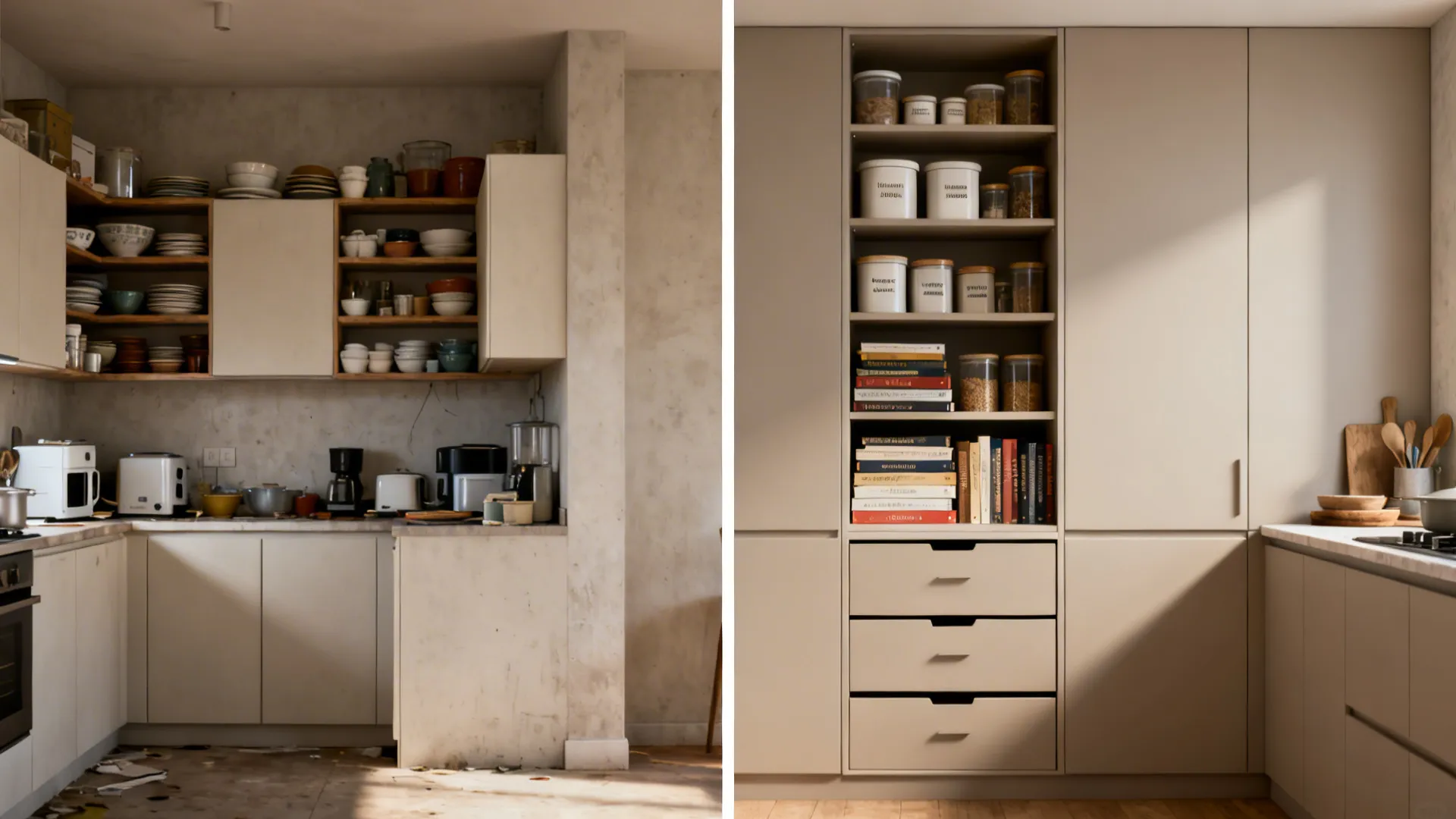 Before and after comparison of a messy old kitchen and a new organized tall cabinet