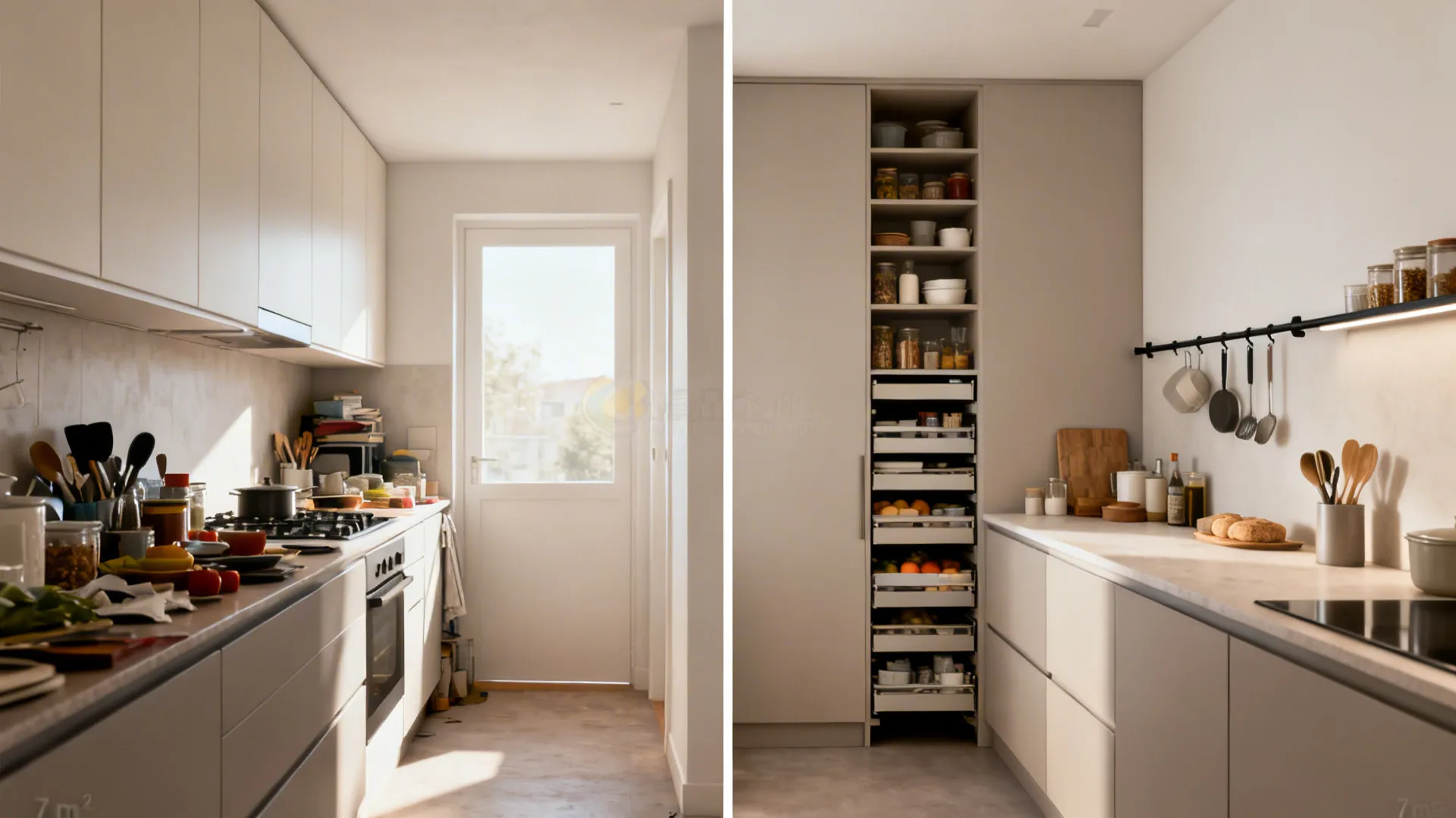 Before-and-after small kitchen showing removal of uppers, added pantry pull-outs, and a slim rail for essentials.