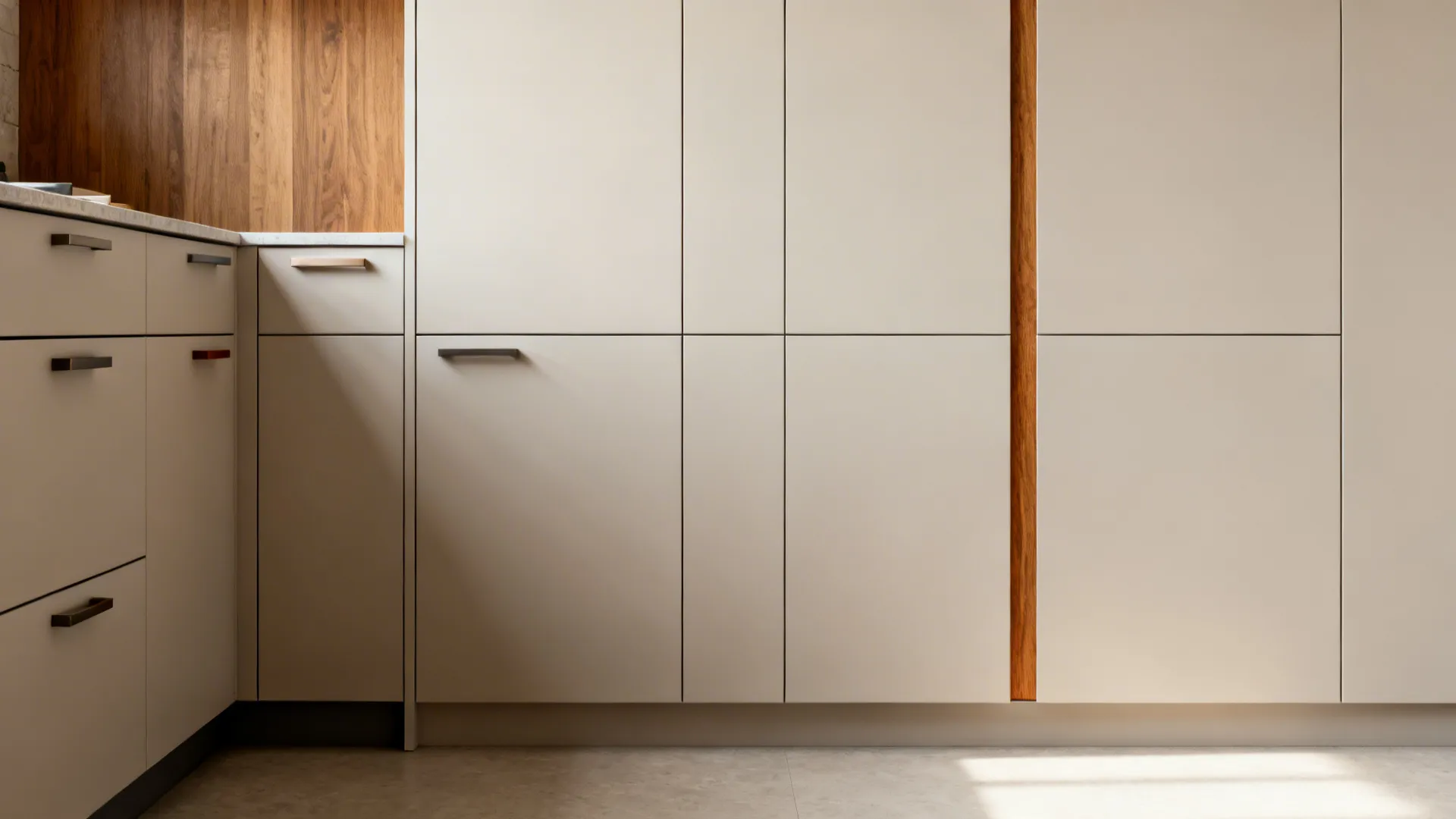 Before-and-after tiny kitchen corner from busy handles to clean matte fronts with a wood accent.