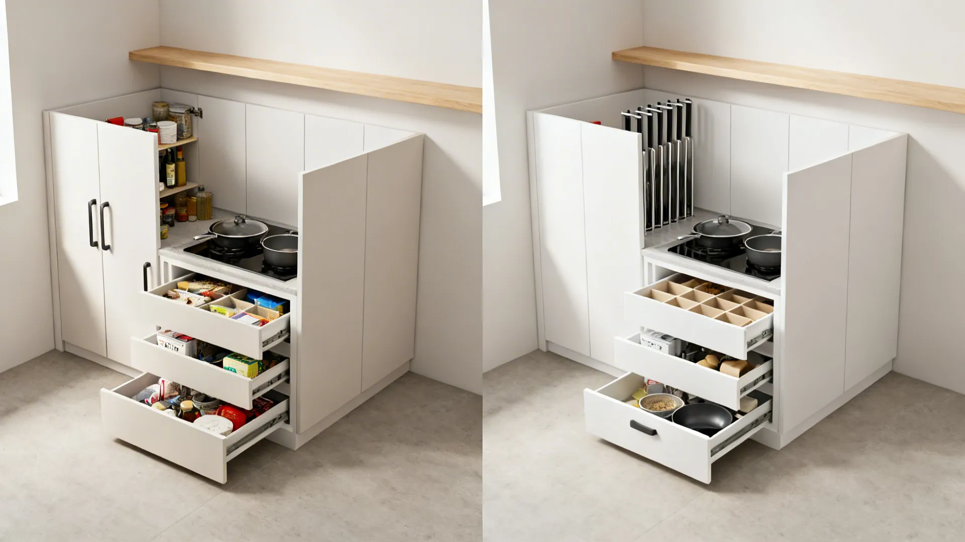 Split view comparing cluttered handled cabinets to sleek handleless drawers with organizers.