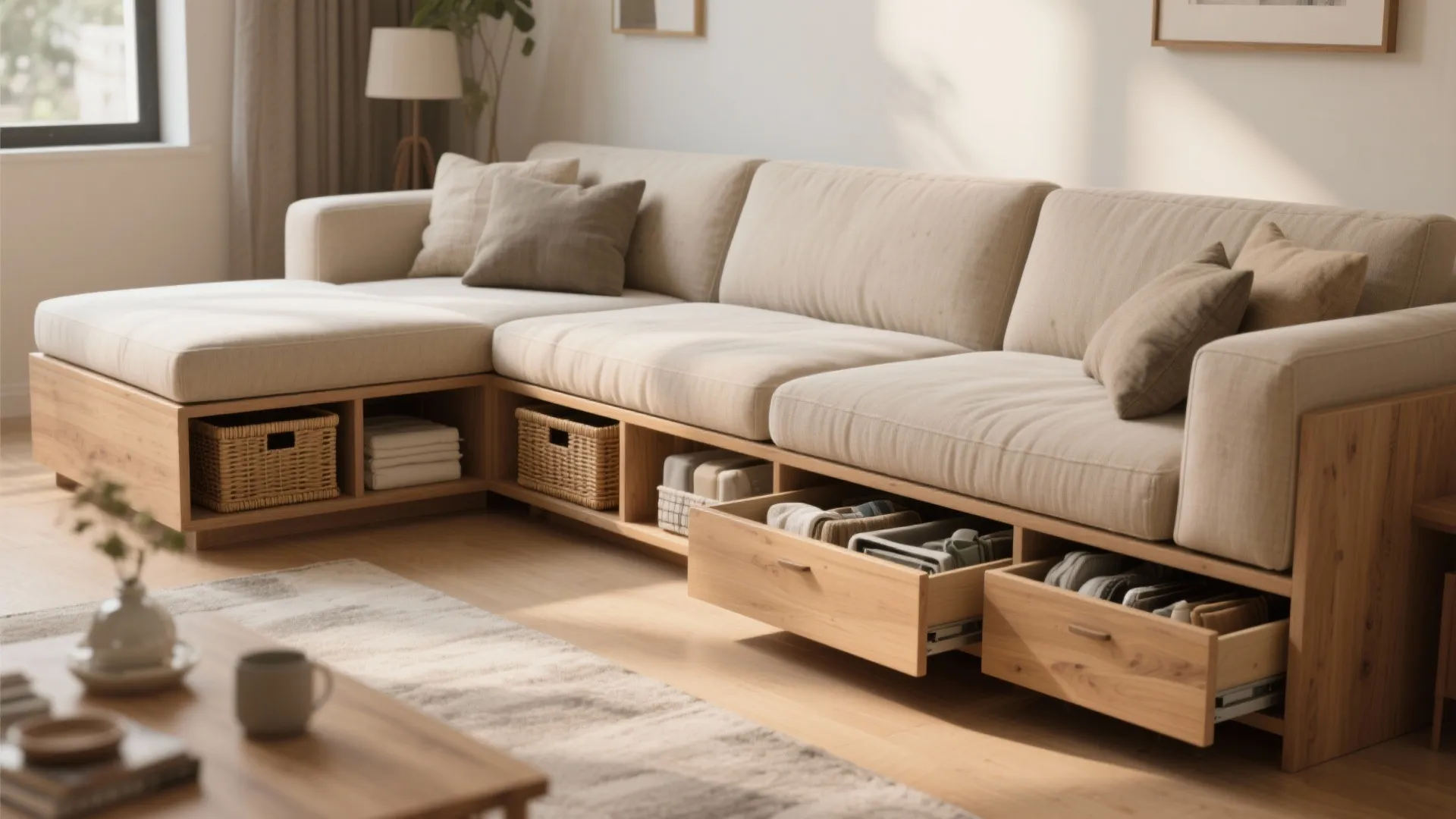 Beige sofa with wooden base featuring built in storage drawers and baskets for smart organizing