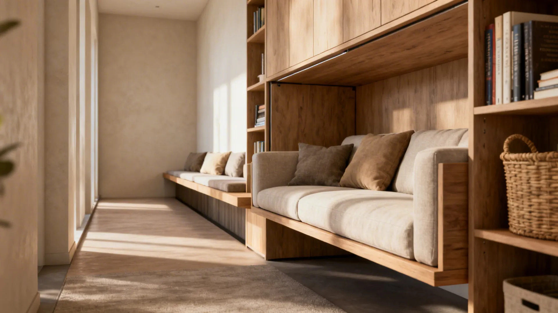 5. Layer storage and seating behind the sofa