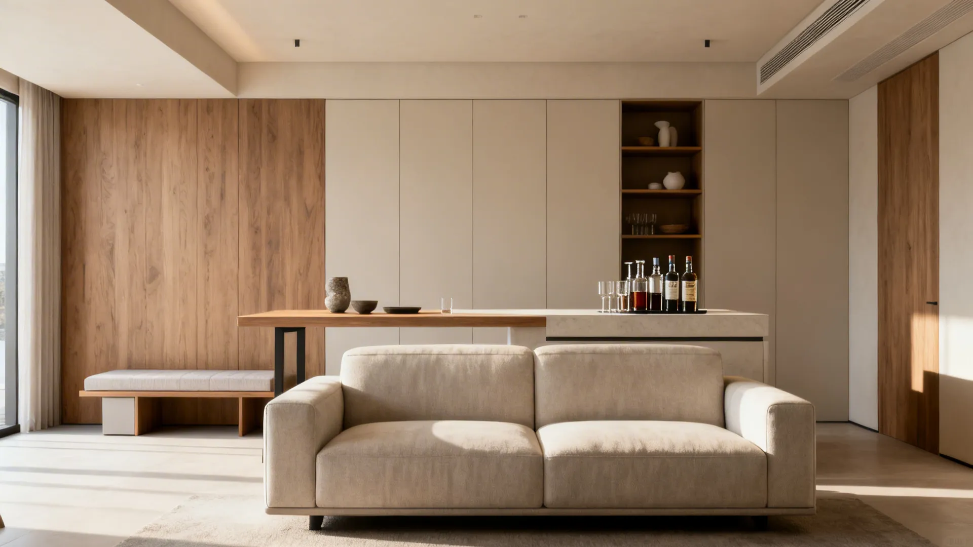 Beige sofa in modern living room with wood table behind it and light wall cabinets
