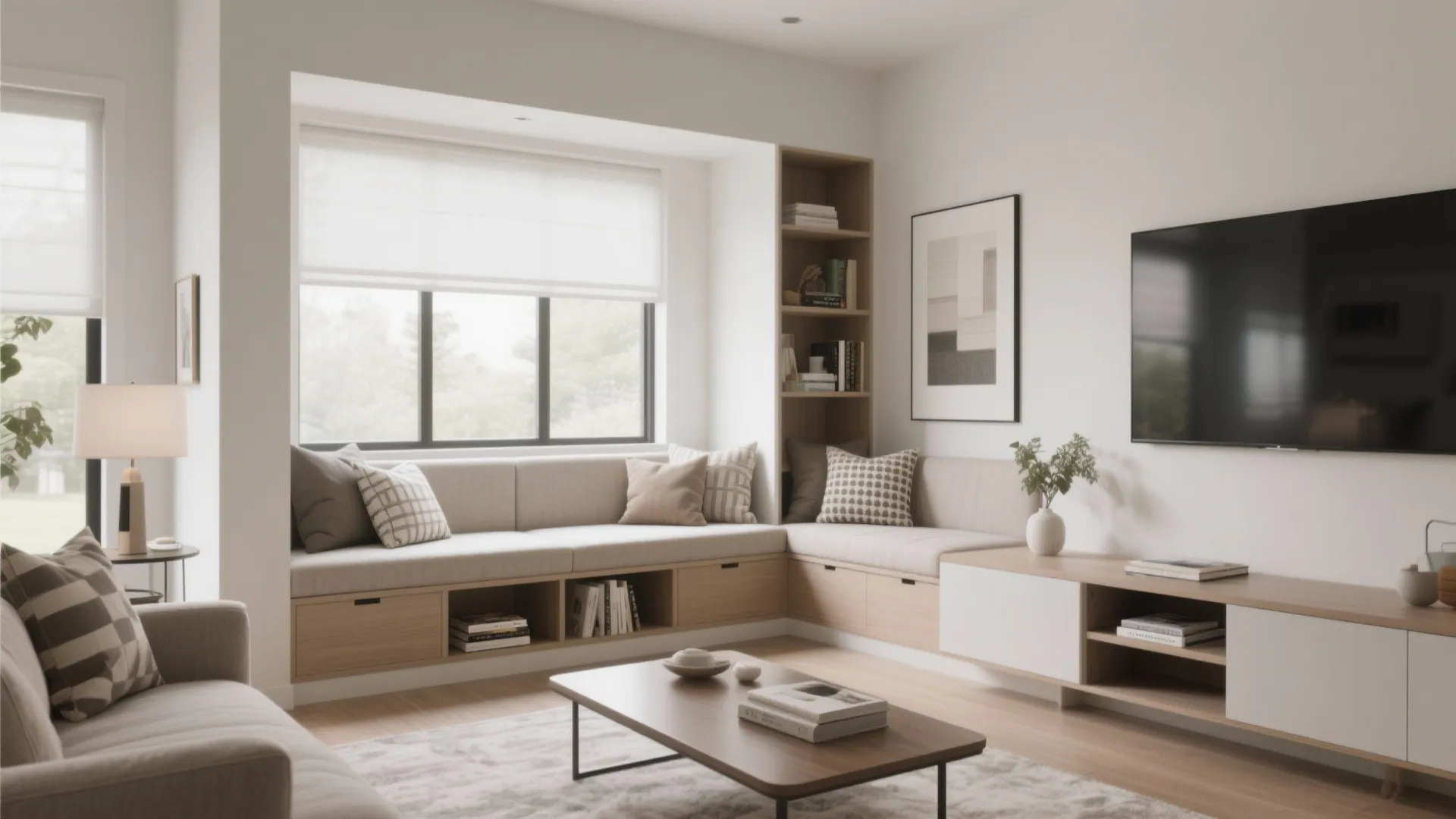 Modern living room with window storage bench wooden coffee table tv cabinet and neutral wall decor