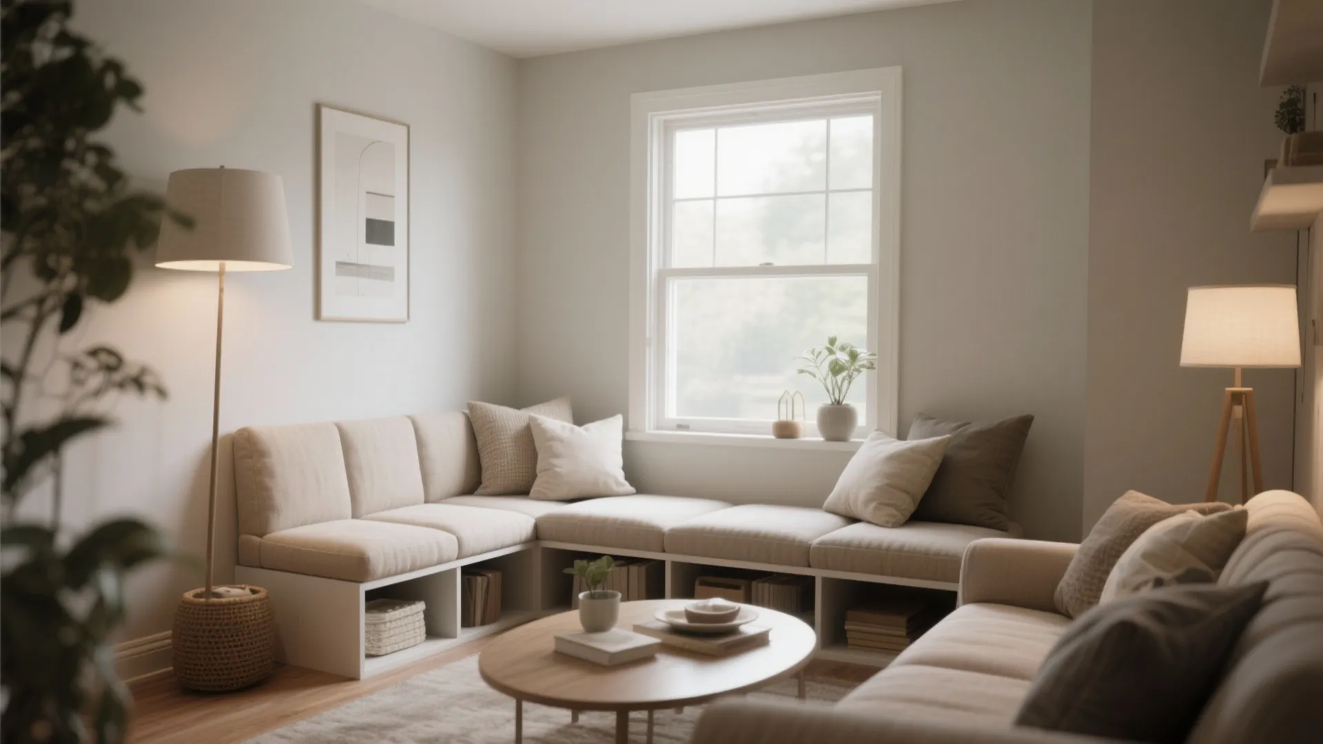 Beige modular sofa with storage cubbies under seat beside window with round wooden coffee table