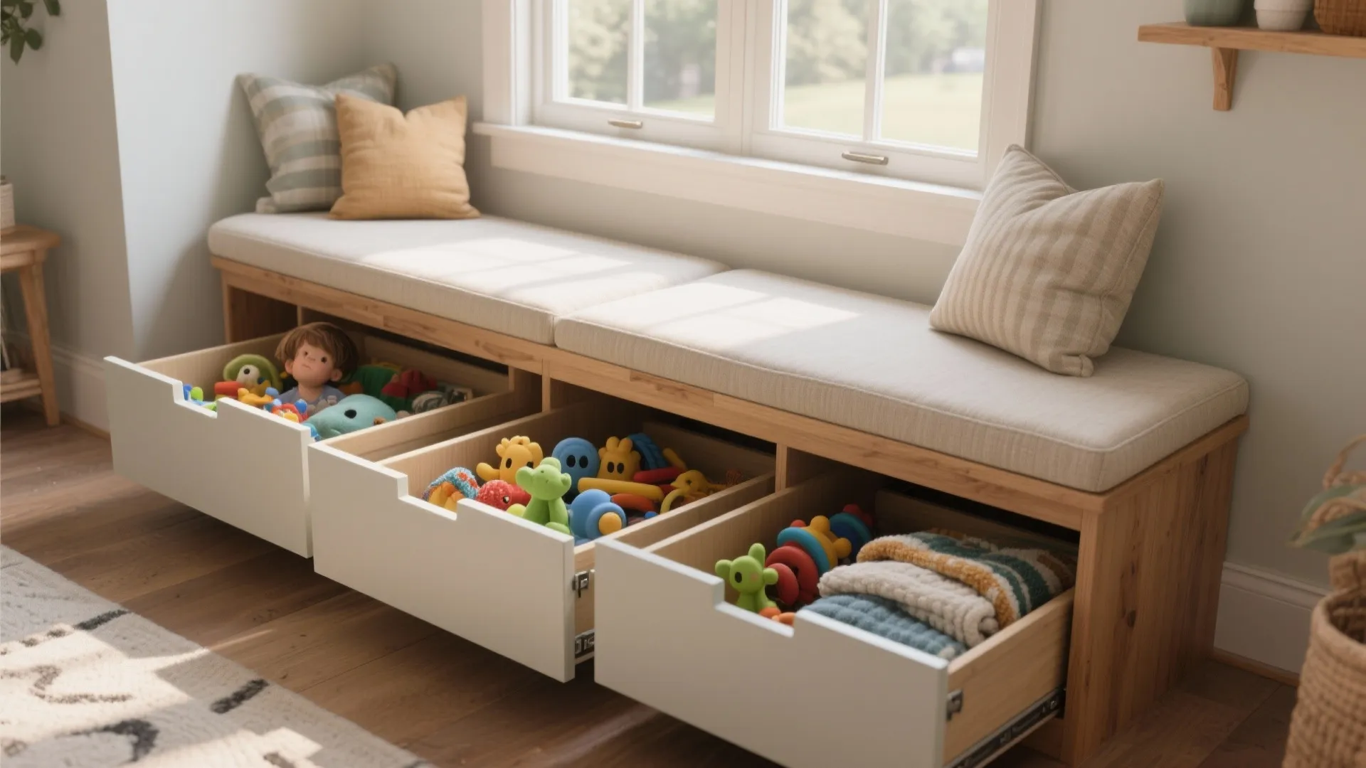 Wooden window seat with cushions and open drawers filled with toys for kids room storage