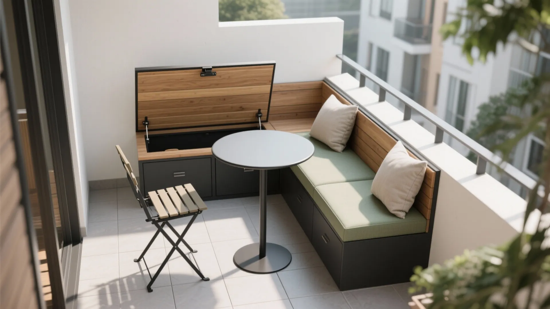 Minimalist balcony storage that doubles as seating