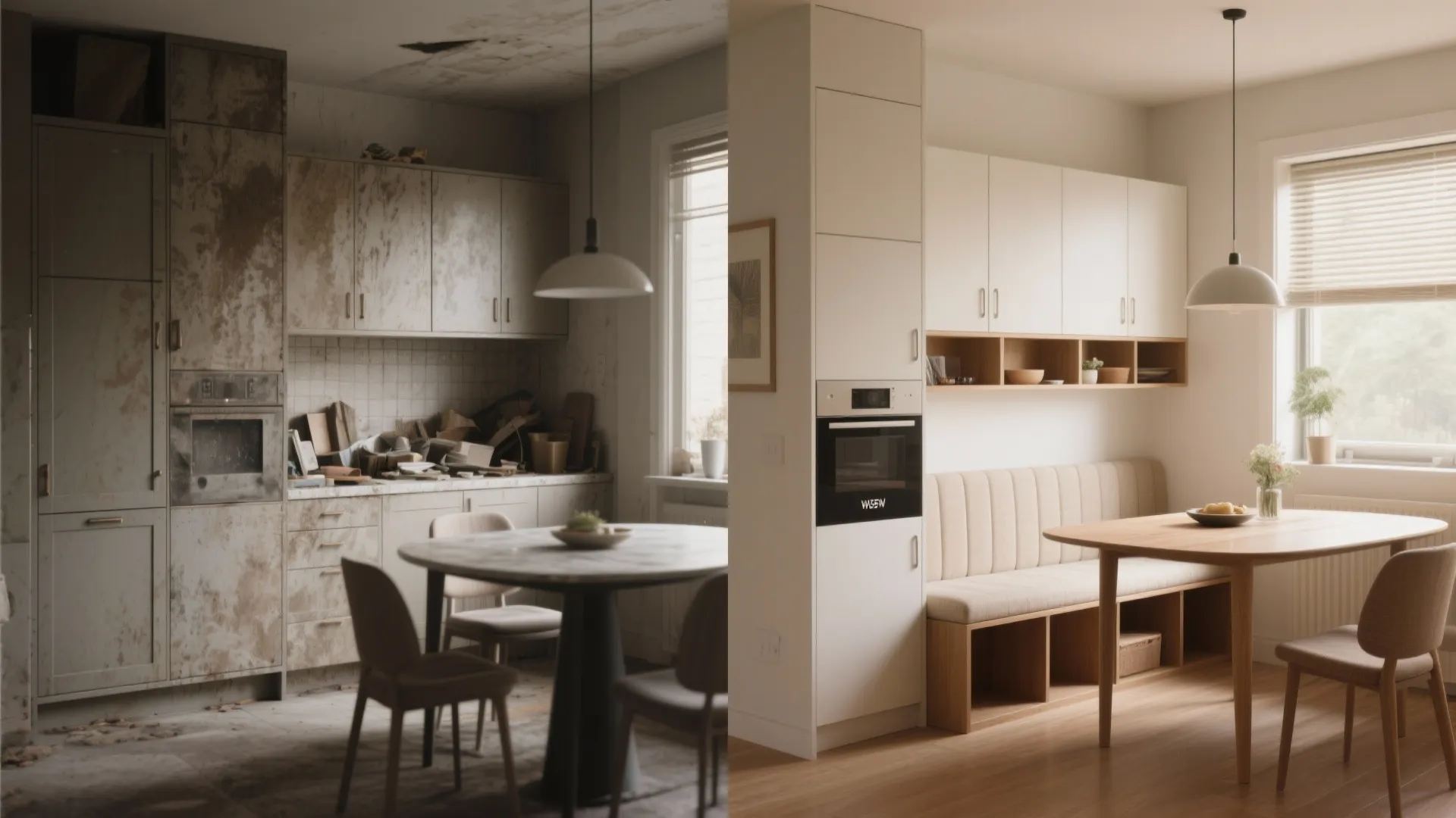 Before and after comparison of a messy old kitchen versus a clean modern dining room