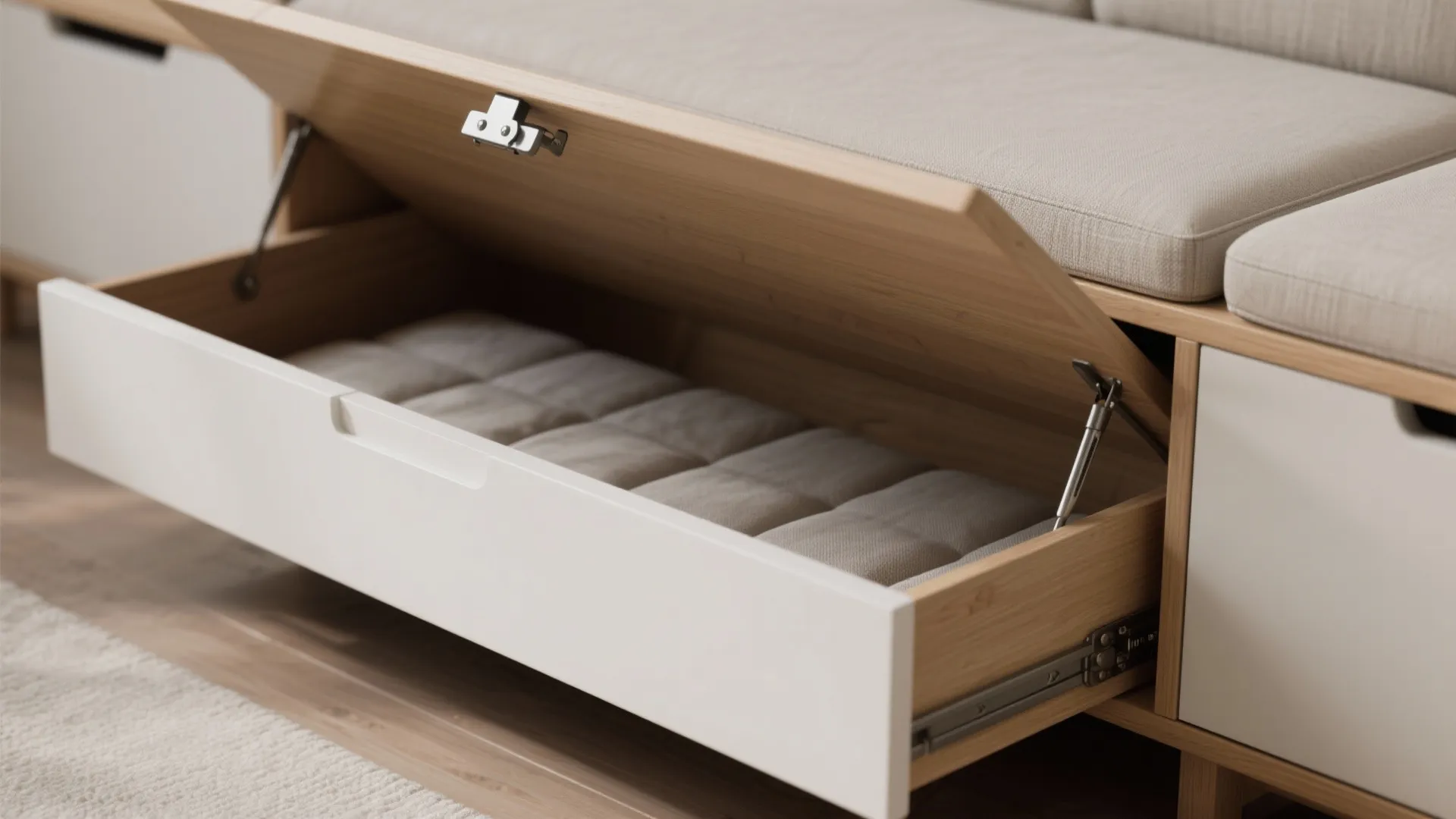 Wooden storage bench with open white drawer showing hidden compartment for pillows and extra cushions
