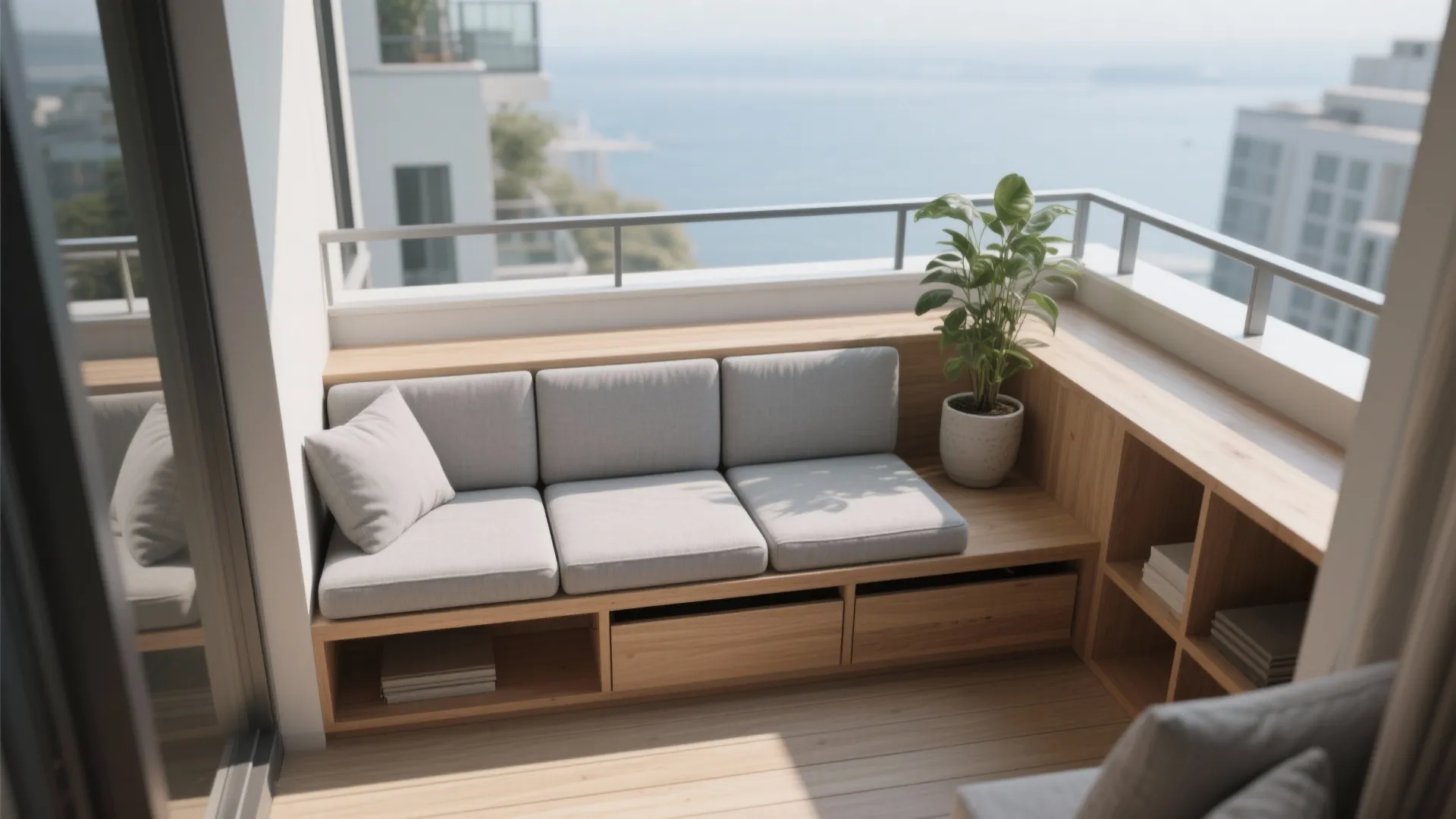 Minimalist balcony storage and seating
