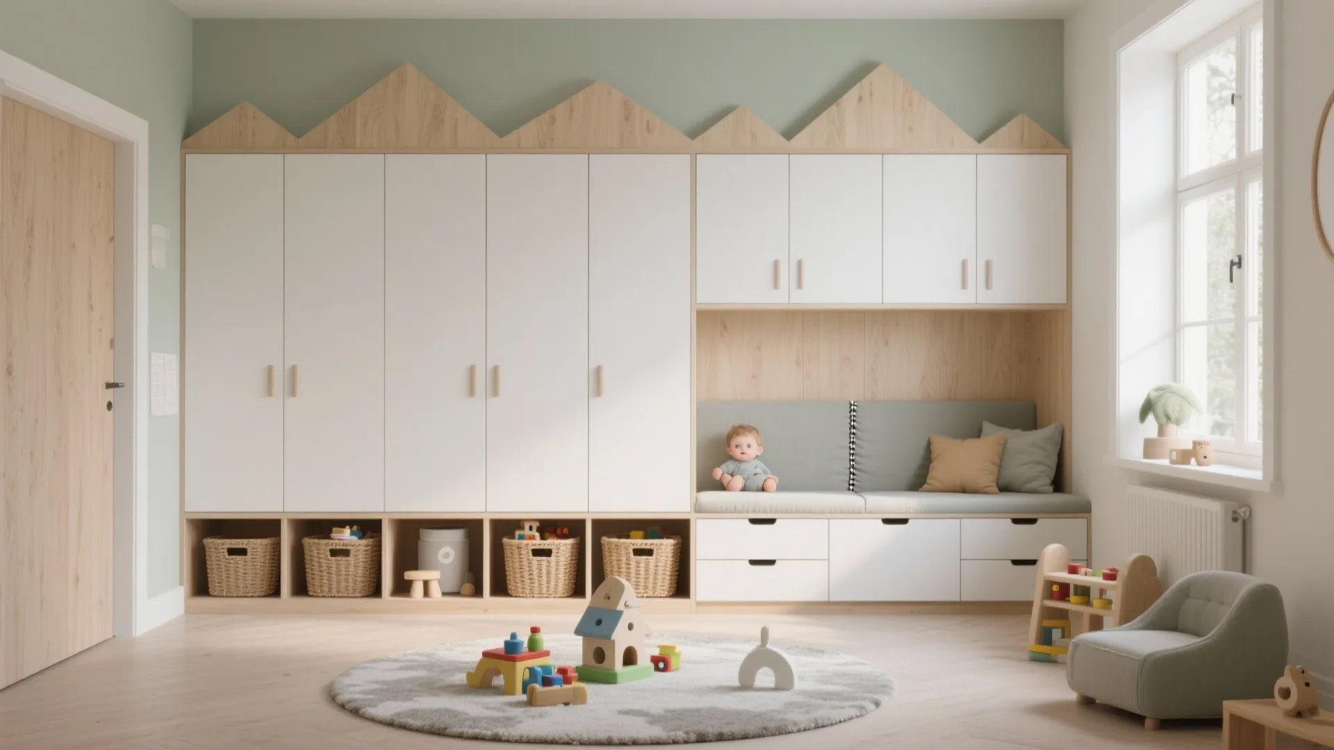 White wardrobe with mountain shaped wood trim storage bench baskets and toys on a rug